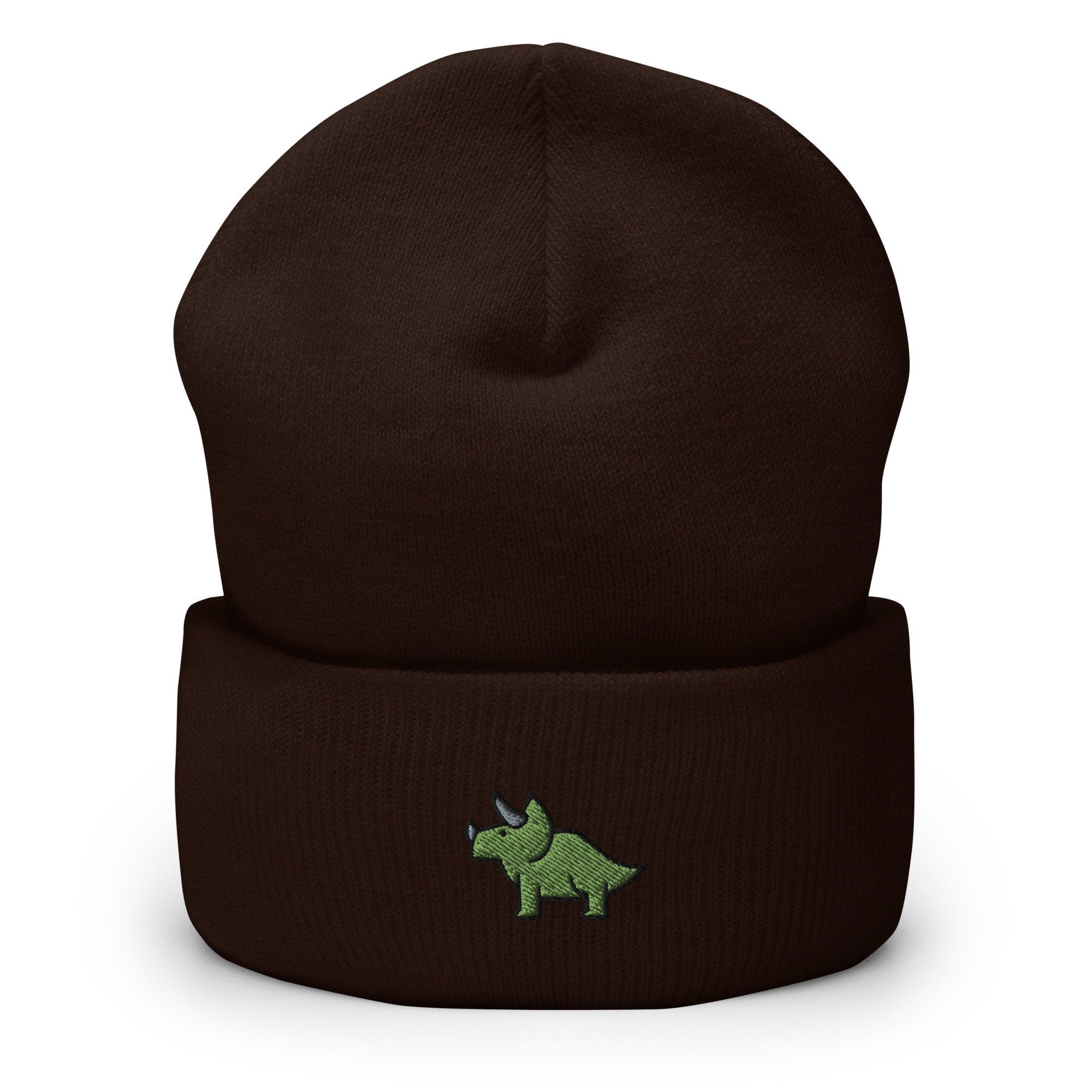 Triceratops Dinosaur Embroidered Beanie, Handmade Cuffed Knit Unisex Slouchy Adult Winter Hat Cap Gift