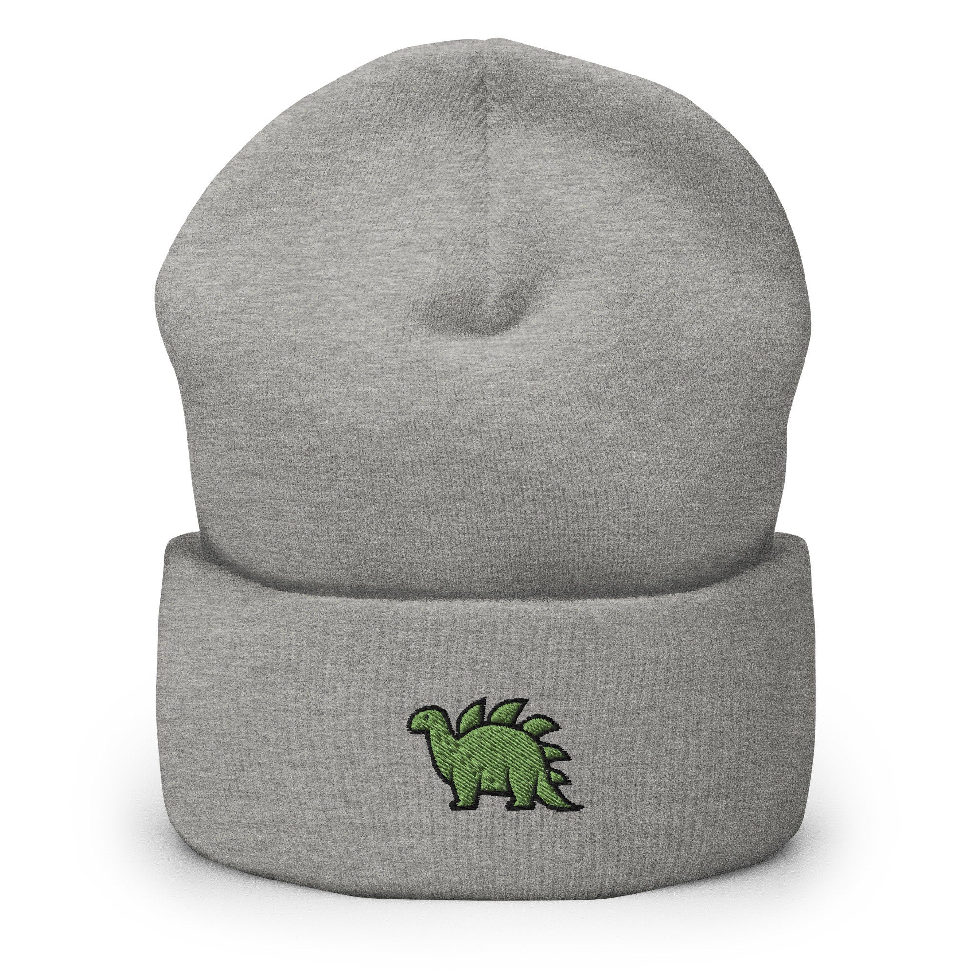 Stegosauraus Dinosaur Embroidered Beanie, Handmade Cuffed Knit Unisex Slouchy Adult Winter Hat Cap Gift