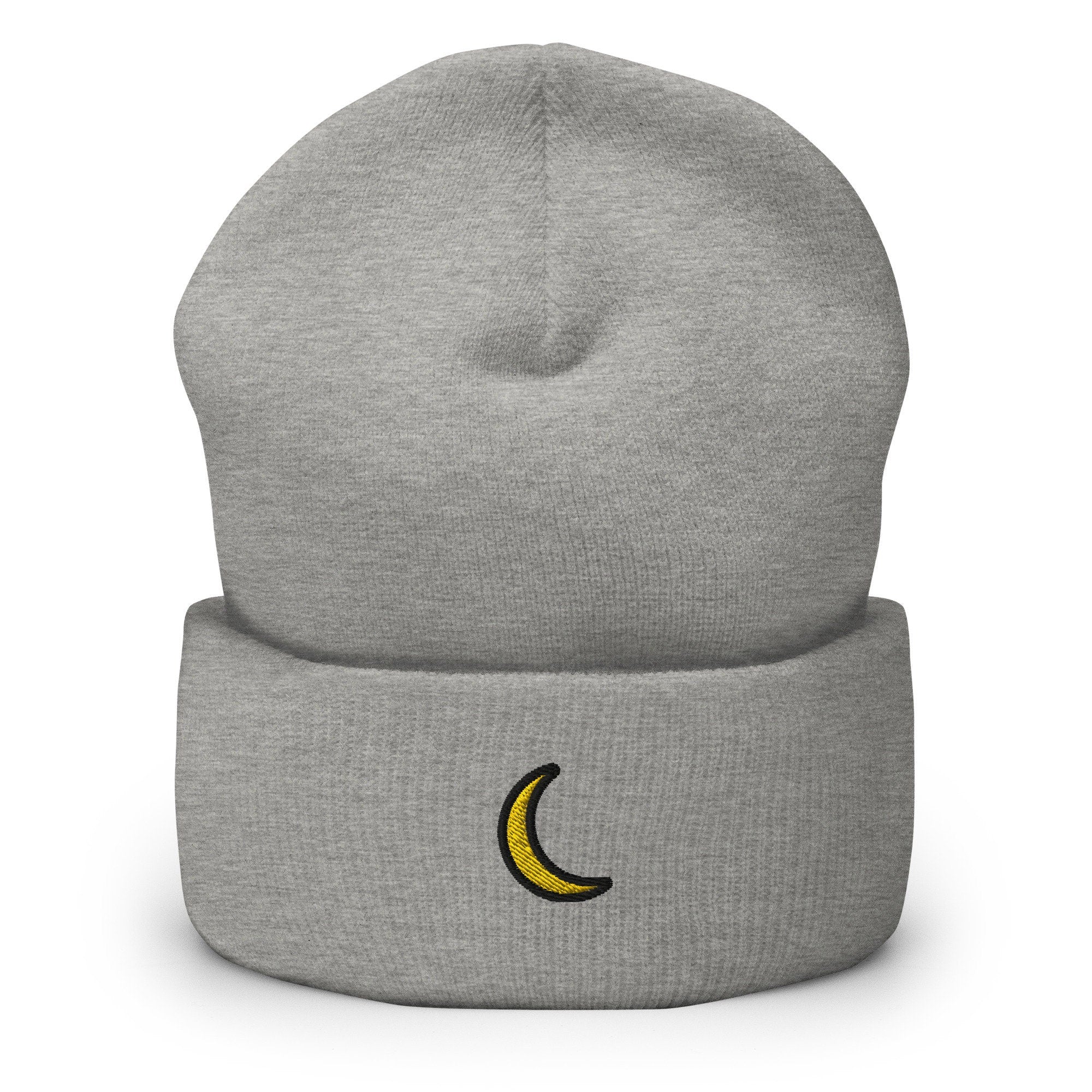 Crescent Moon Embroidered Beanie, Handmade Cuffed Knit Unisex Slouchy Adult Winter Hat Cap Gift