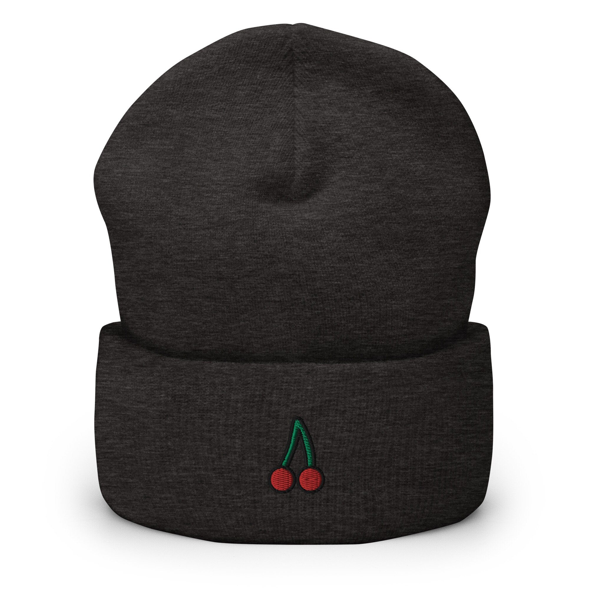 Cherry Fruit Embroidered Beanie, Handmade Cuffed Knit Unisex Slouchy Adult Winter Hat Cap Gift