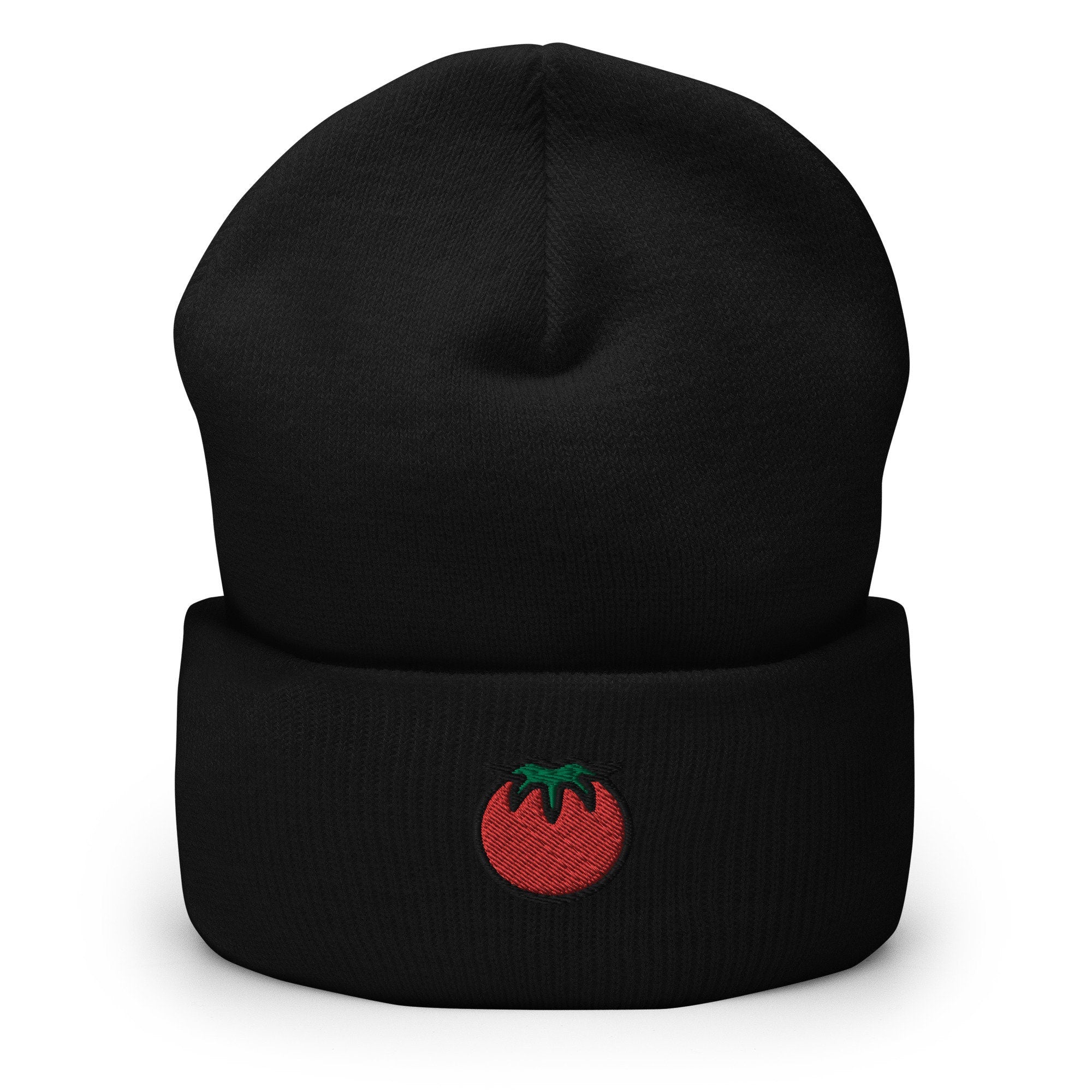 Tomato Vegetable Embroidered Beanie, Handmade Cuffed Knit Unisex Slouchy Adult Winter Hat Cap Gift
