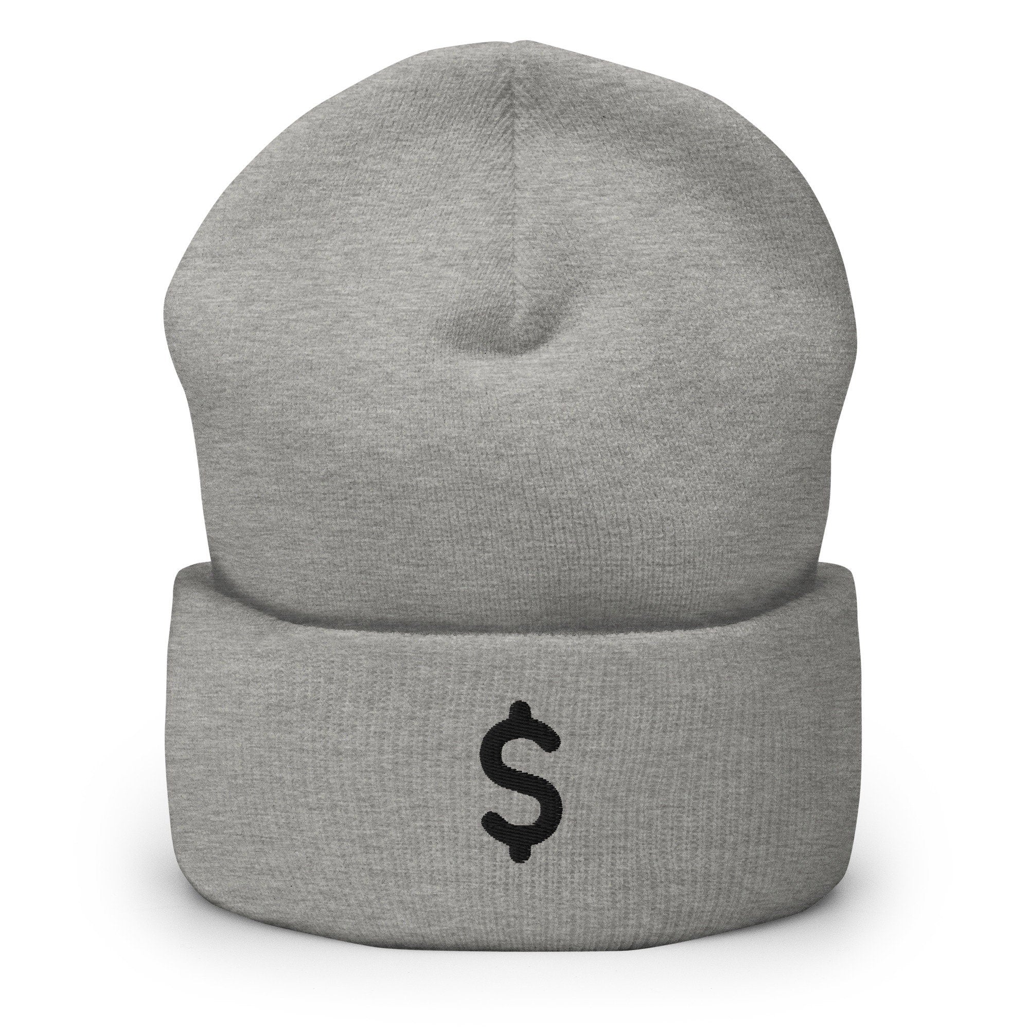 US Currency Dollar Sign Embroidered Beanie, Handmade Cuffed Knit Unisex Slouchy Adult Winter Hat Cap Gift