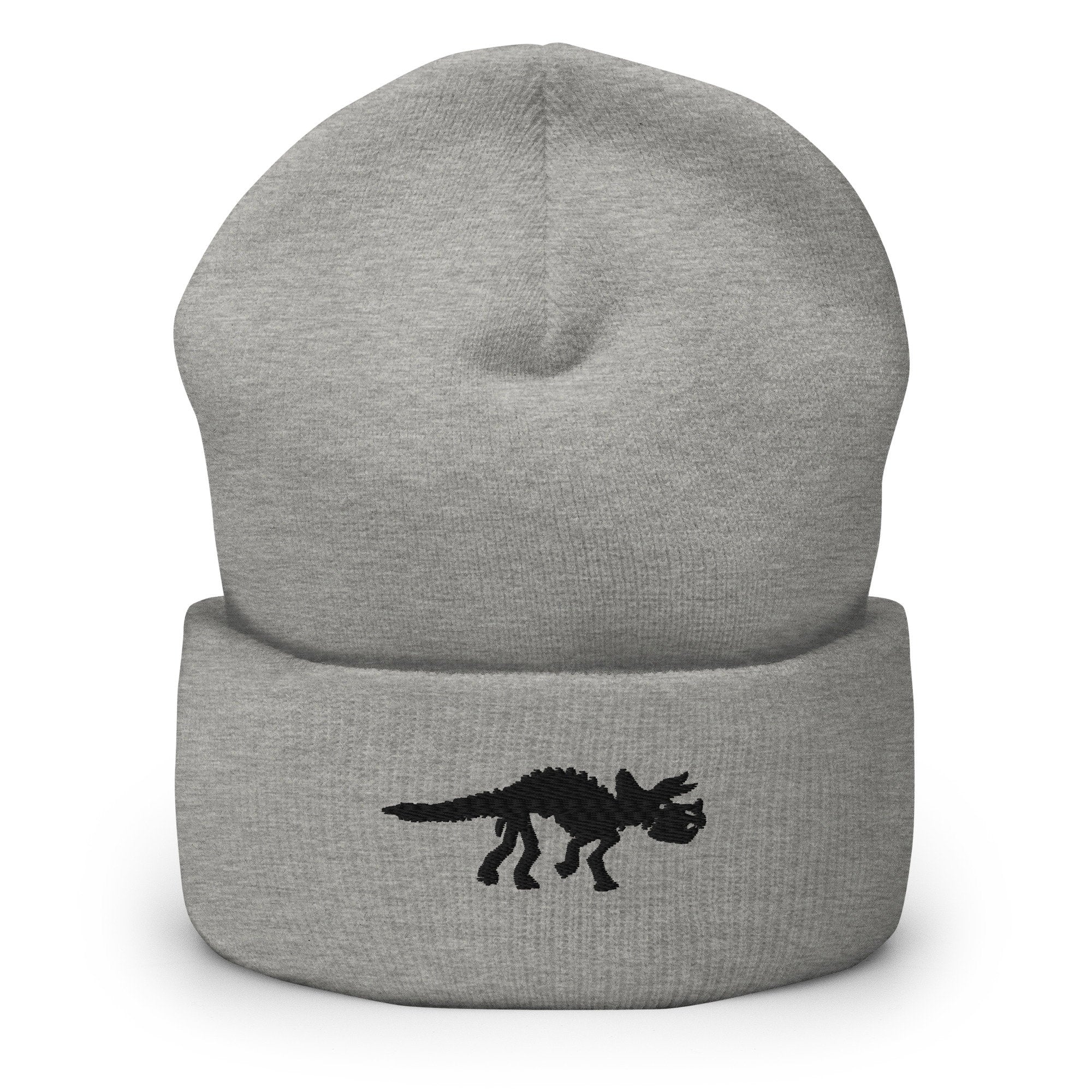 Triceratops Dinosaur Skeleton Fossil Embroidered Beanie, Handmade Cuffed Knit Unisex Slouchy Adult Winter Hat Cap Gift