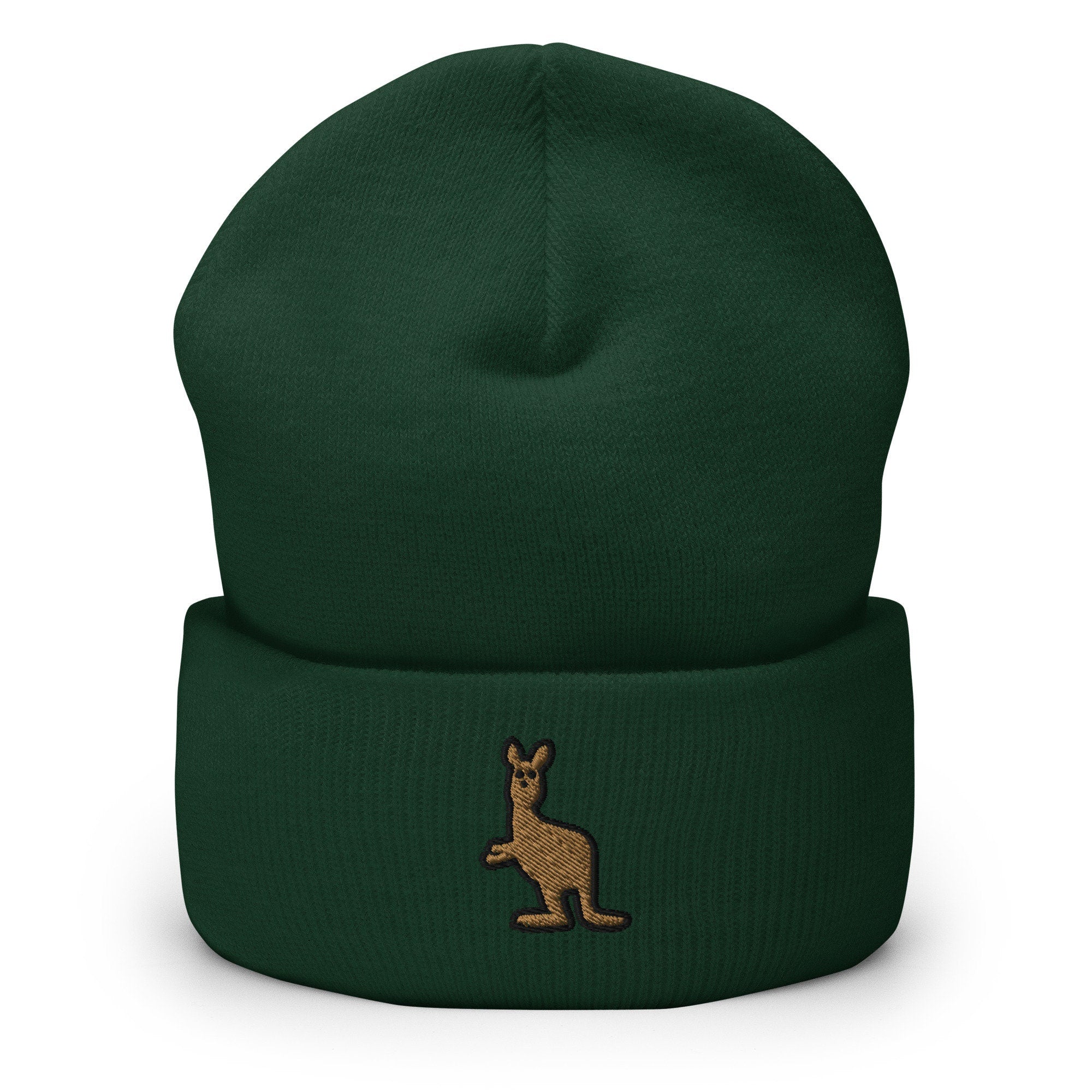 Kangaroo Embroidered Beanie, Handmade Cuffed Knit Unisex Slouchy Adult Winter Hat Cap Gift