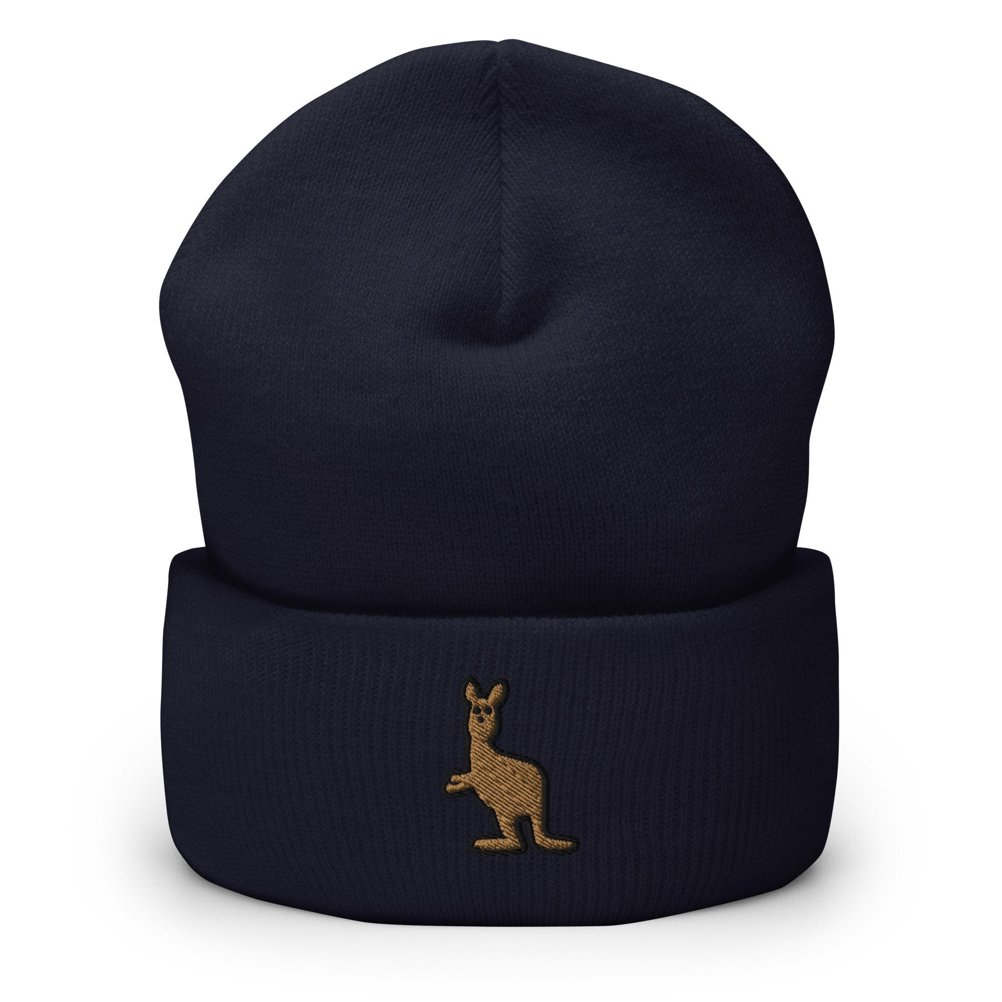 Kangaroo Embroidered Beanie, Handmade Cuffed Knit Unisex Slouchy Adult Winter Hat Cap Gift