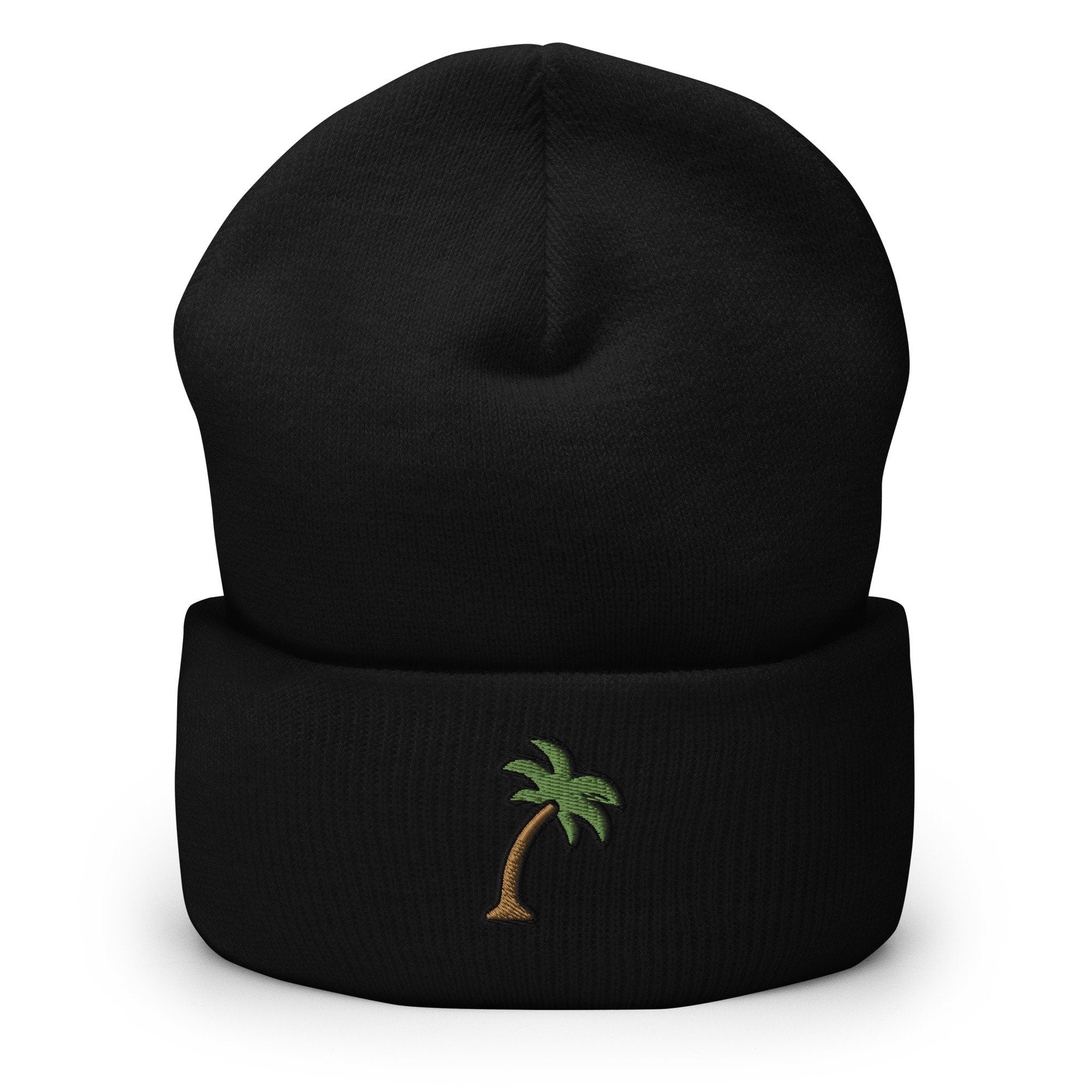 California, Tropical Palm Tree Embroidered Beanie, Handmade Cuffed Knit Unisex Slouchy Adult Winter Hat Cap Gift