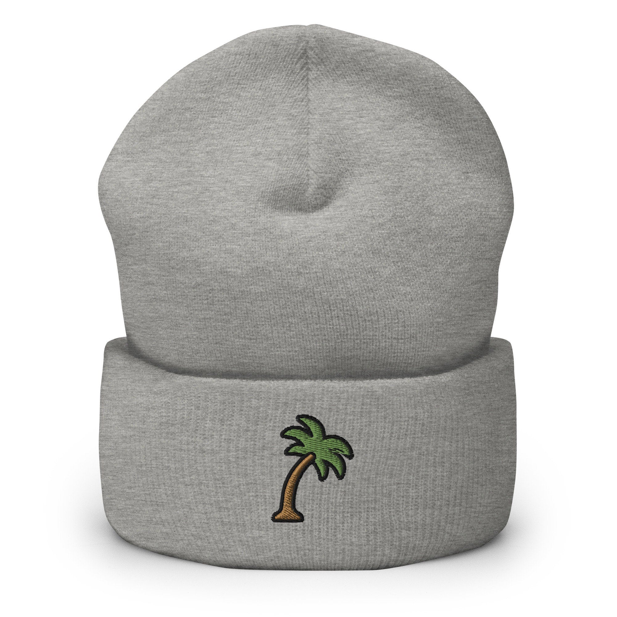 California, Tropical Palm Tree Embroidered Beanie, Handmade Cuffed Knit Unisex Slouchy Adult Winter Hat Cap Gift