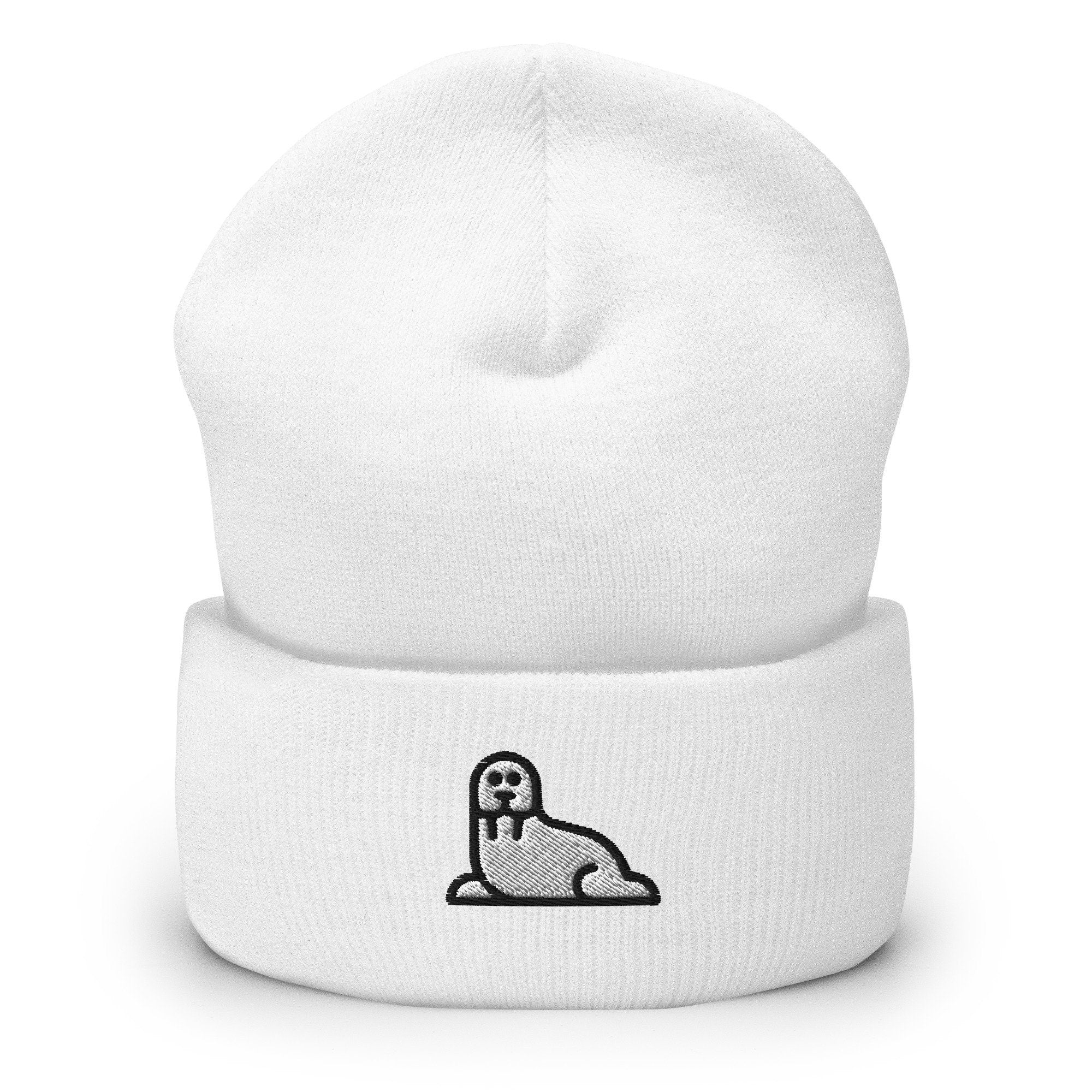 White Walrus Embroidered Beanie, Handmade Cuffed Knit Unisex Slouchy Adult Winter Hat Cap Gift