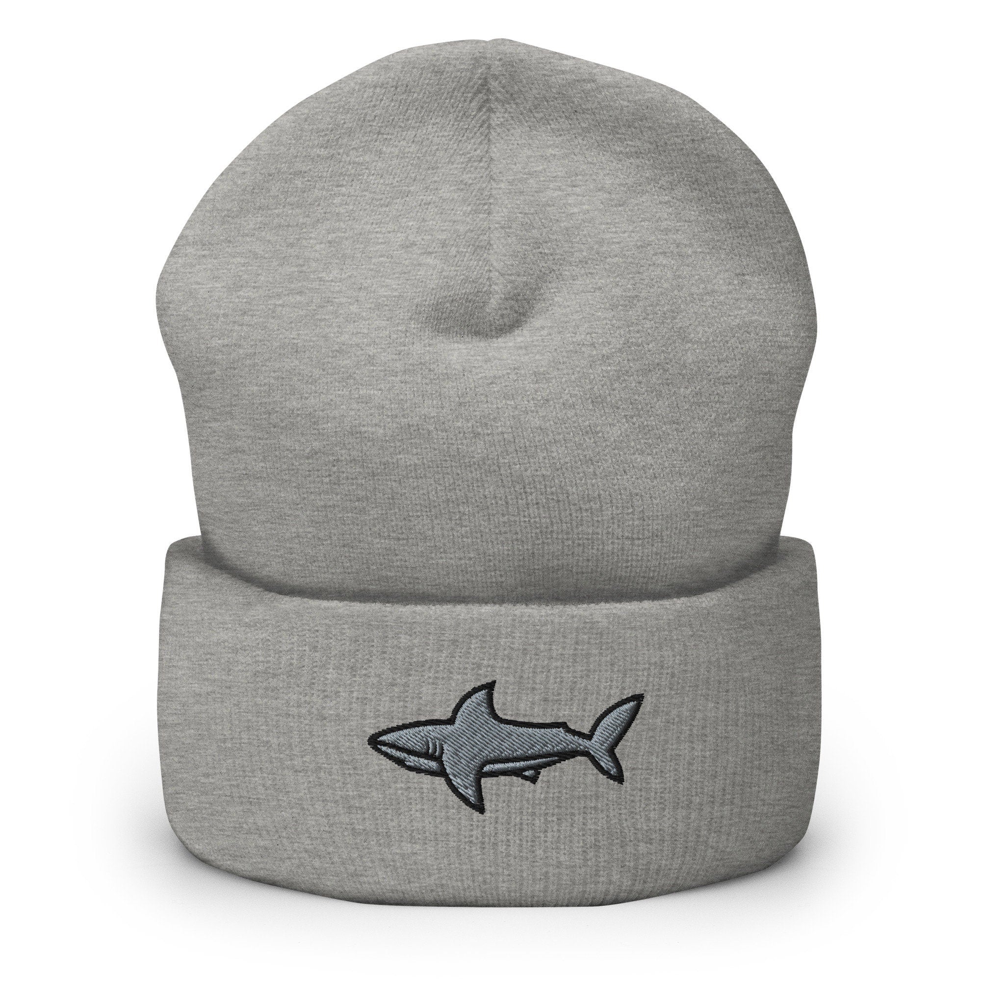 Shark Lover, Shark Week, Great White Shark Embroidered Beanie, Handmade Cuffed Knit Unisex Slouchy Adult Winter Hat Cap Gift