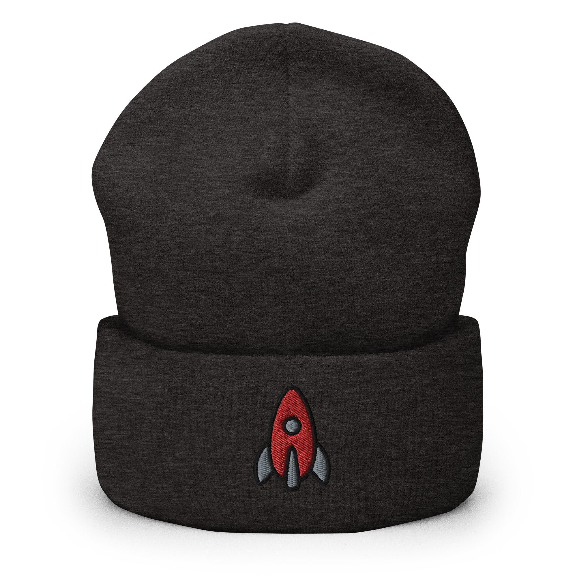 Rocketship, Spaceship Embroidered Beanie, Handmade Cuffed Knit Unisex Slouchy Adult Winter Hat Cap Gift