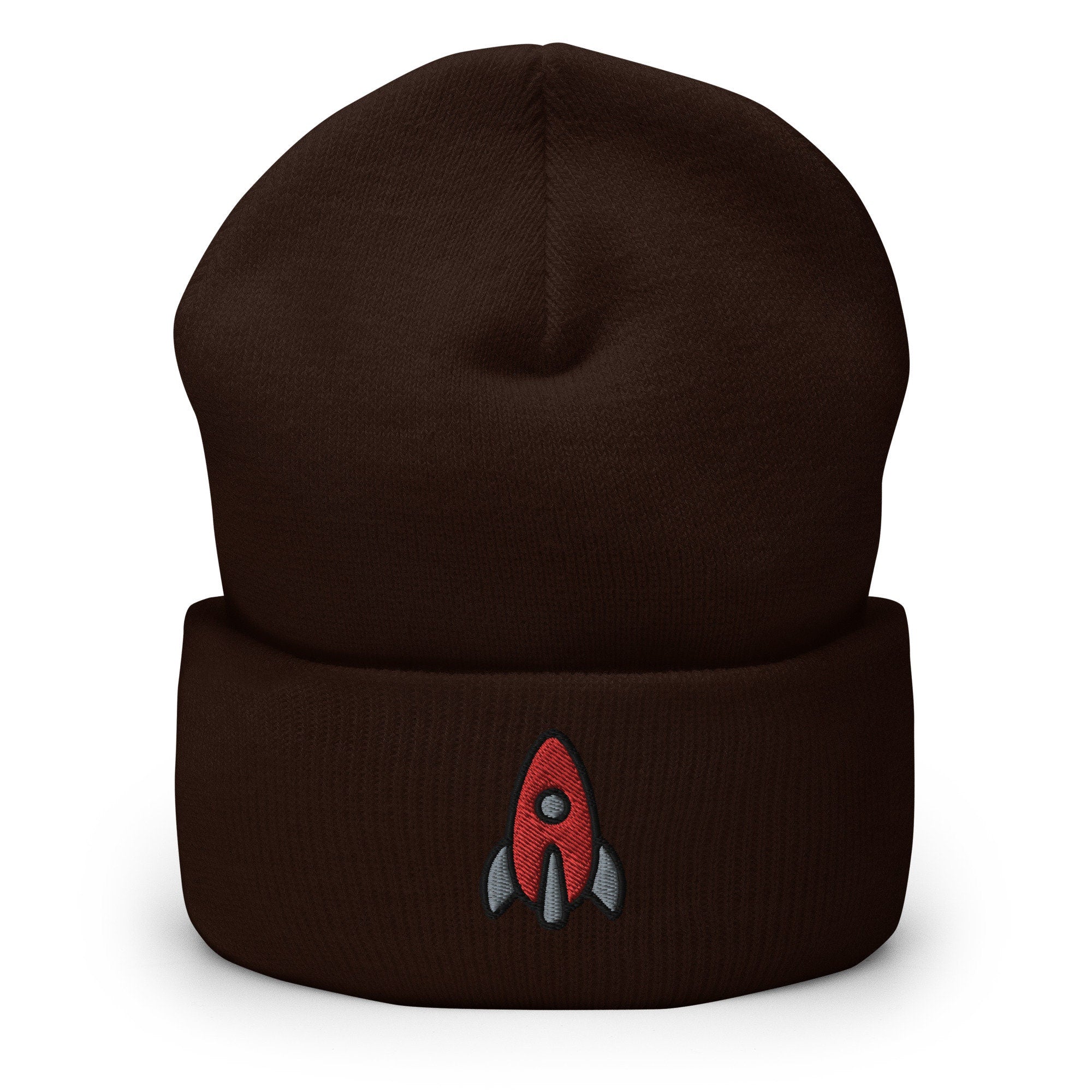 Rocketship, Spaceship Embroidered Beanie, Handmade Cuffed Knit Unisex Slouchy Adult Winter Hat Cap Gift