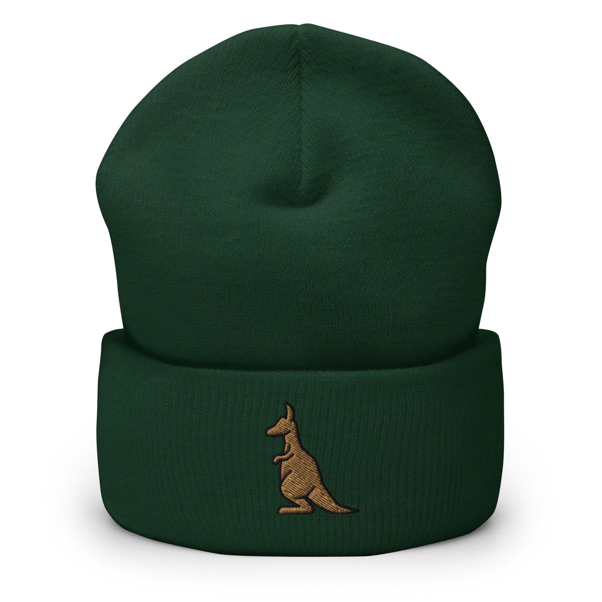 Kangaroo Embroidered Beanie, Cute Handmade Cuffed Knit Unisex Slouchy Adult Winter Hat Cap Gift
