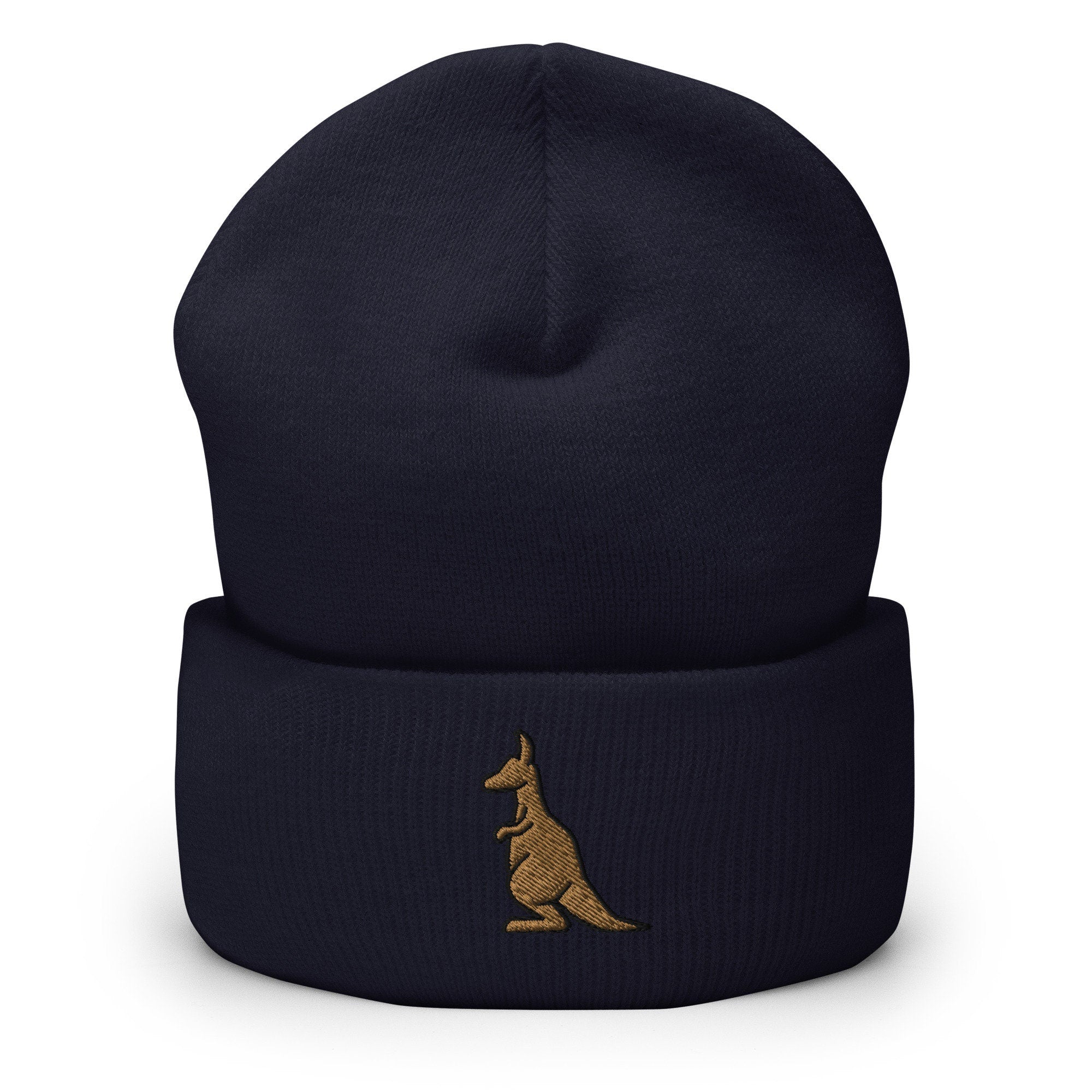 Kangaroo Embroidered Beanie, Cute Handmade Cuffed Knit Unisex Slouchy Adult Winter Hat Cap Gift