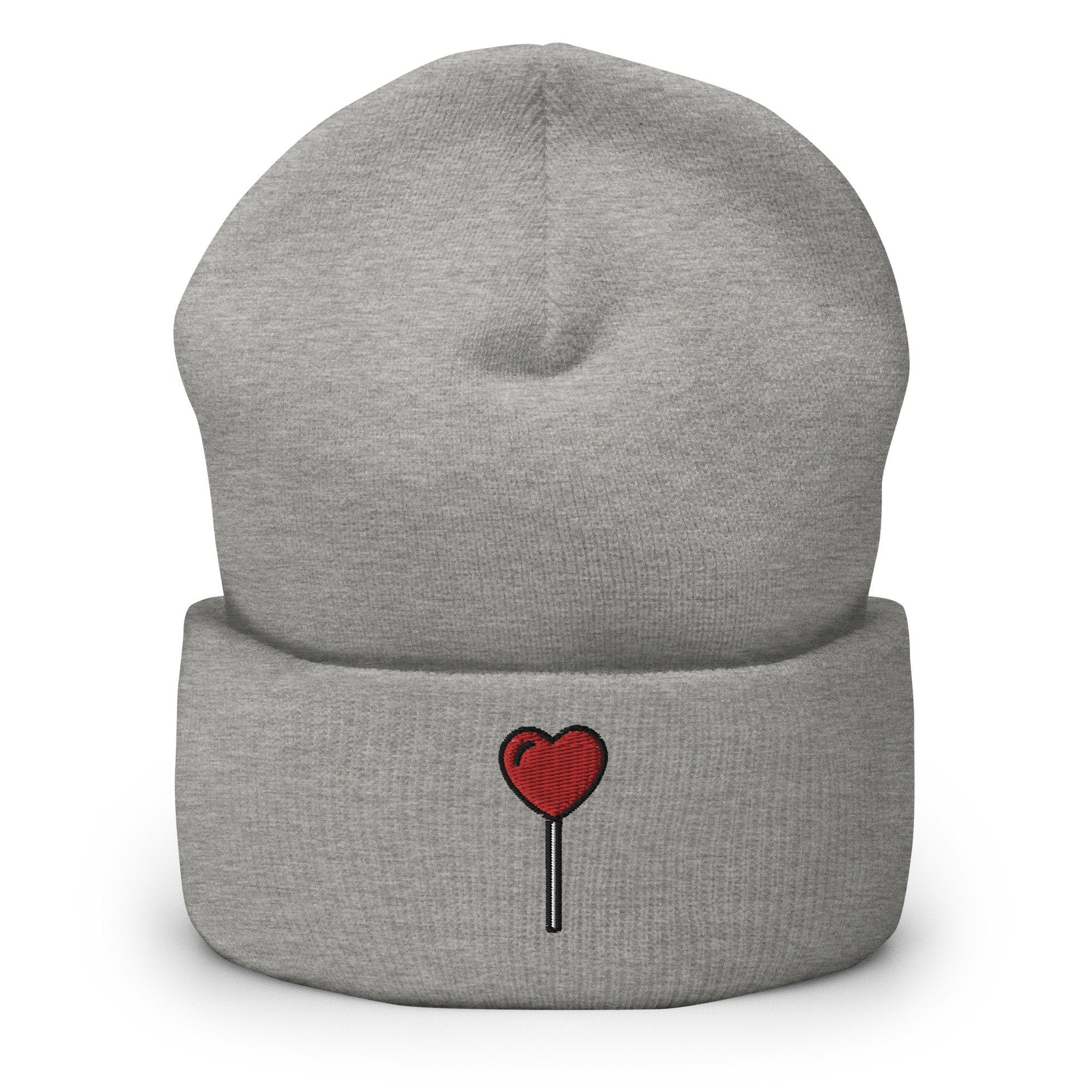 Heart Lollipop Sucker Embroidered Beanie, Handmade Cuffed Knit Unisex Slouchy Adult Winter Hat Cap Gift