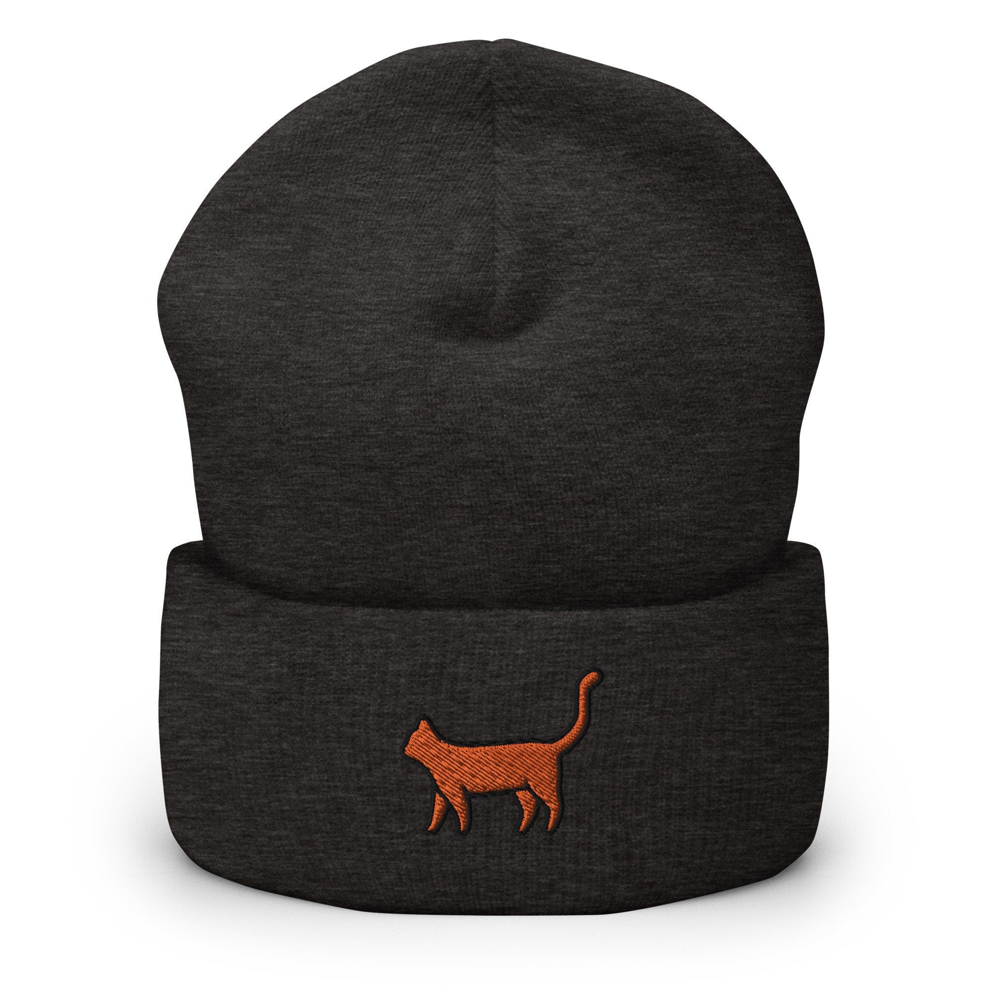 Orange Tabby Cat Lover Gift, Orange Cat Kitty Kitten Embroidered Beanie, Handmade Cuffed Knit Unisex Slouchy Adult Winter Hat Cap Gift