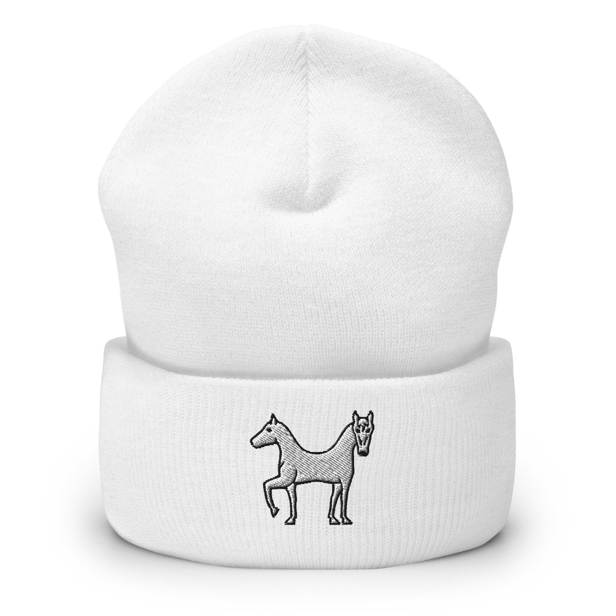 Two Headed Horse Monster Embroidered Beanie, Handmade Cuffed Knit Unisex Slouchy Adult Winter Hat Cap Gift