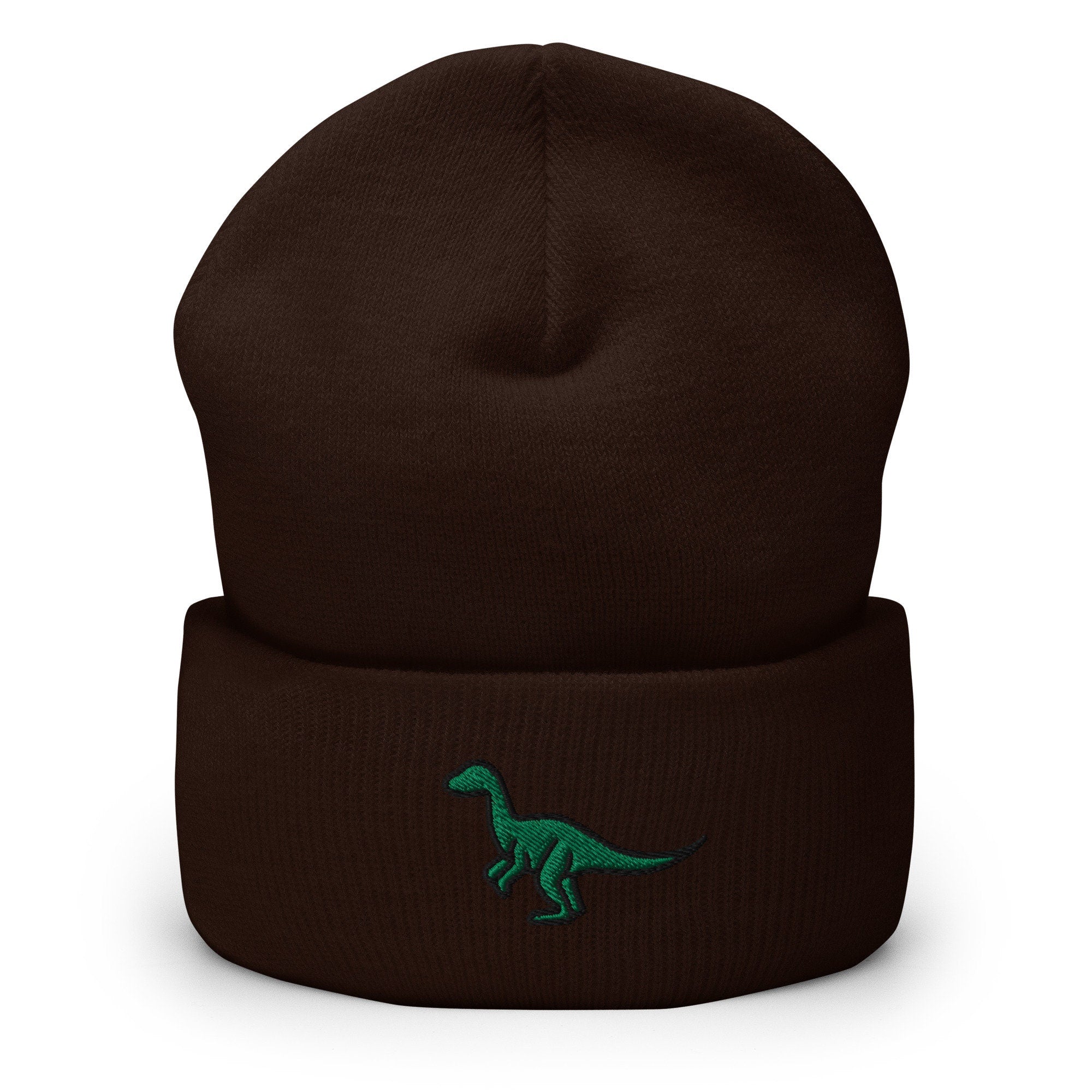 Green Dinosaur Embroidered Beanie, Handmade Cuffed Knit Unisex Slouchy Adult Winter Hat Cap Gift