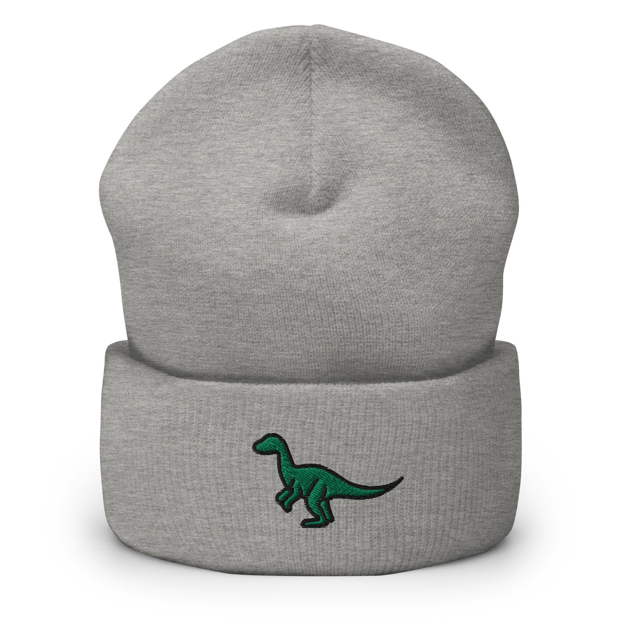 Green Dinosaur Embroidered Beanie, Handmade Cuffed Knit Unisex Slouchy Adult Winter Hat Cap Gift