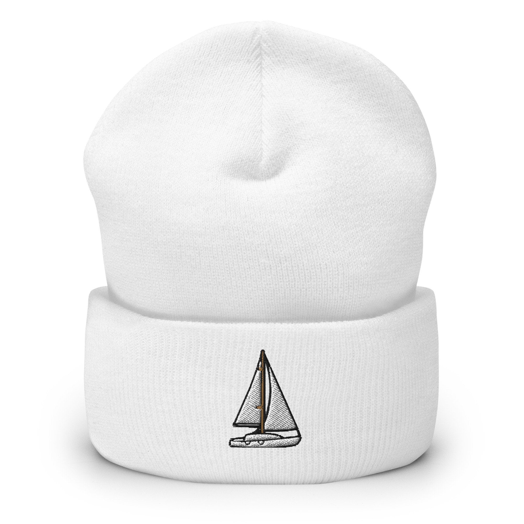 Boat Sailing Sailboat Yacht Embroidered Beanie, Handmade Cuffed Knit Unisex Slouchy Adult Winter Hat Cap Gift