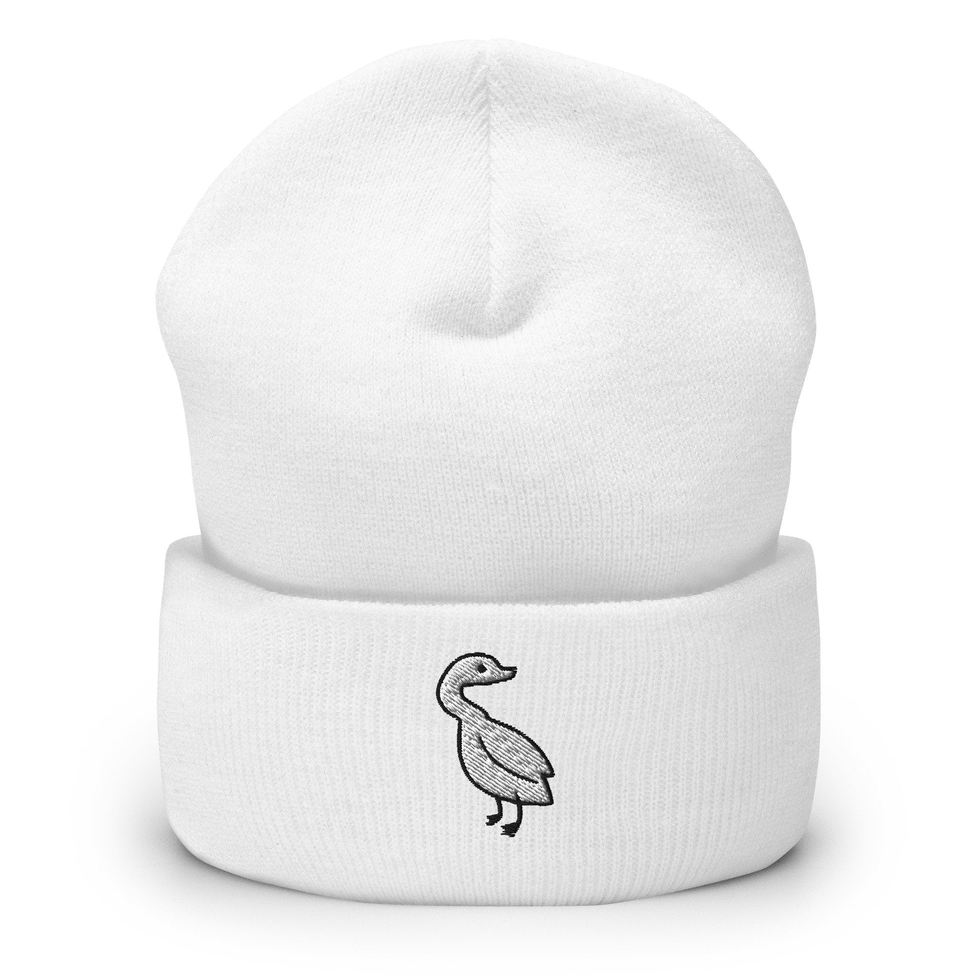 White Goose Embroidered Beanie, Handmade Cuffed Knit Unisex Slouchy Adult Winter Hat Cap Gift