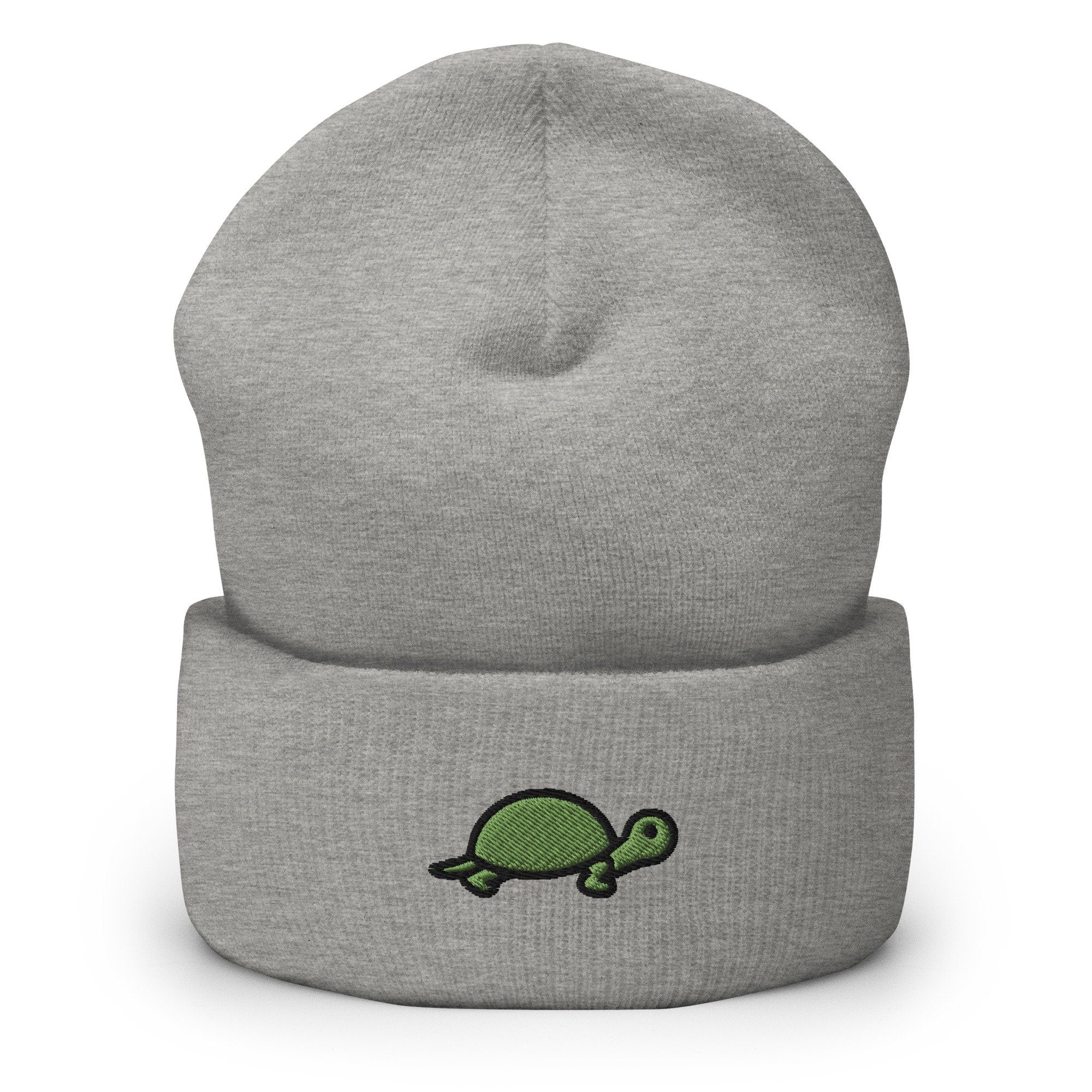 Turtle Embroidered Beanie, Handmade Cuffed Knit Unisex Slouchy Adult Winter Hat Cap Gift