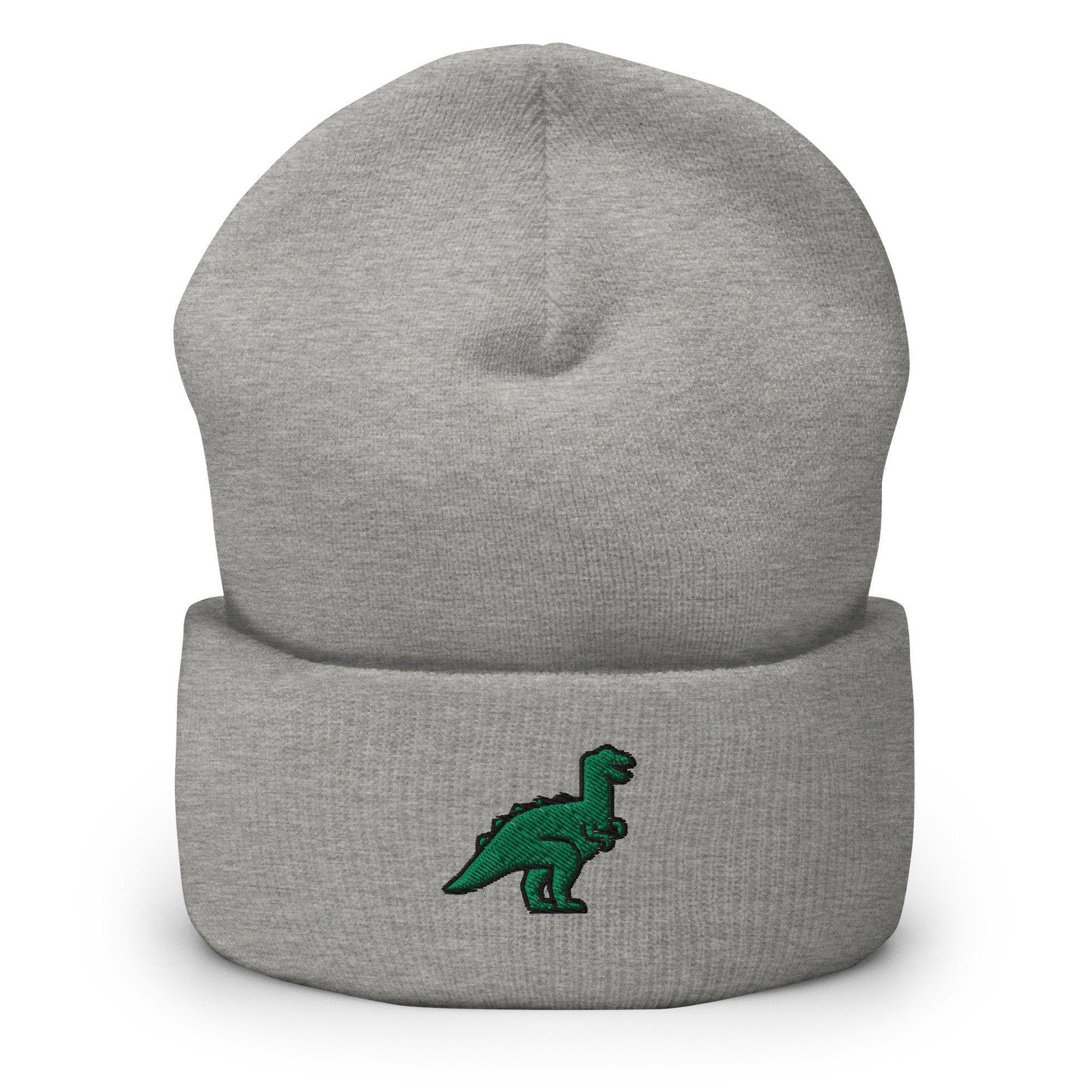 Dinosaur T-rex Tyrannosaurus Embroidered Beanie, Handmade Cuffed Knit Unisex Slouchy Adult Winter Hat Cap Gift