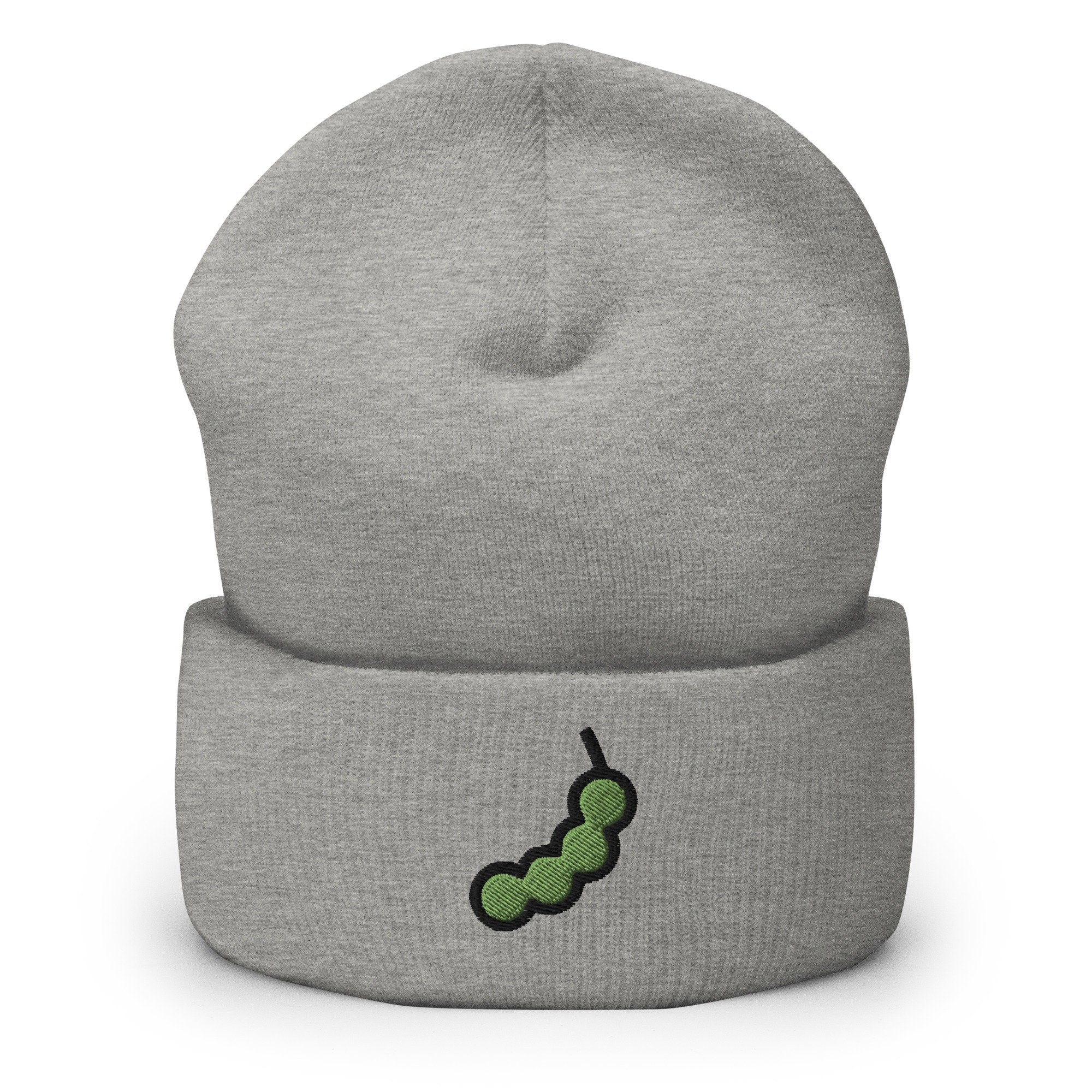 Pea Pod Embroidered Beanie, Handmade Cuffed Knit Unisex Slouchy Adult Winter Hat Cap Gift