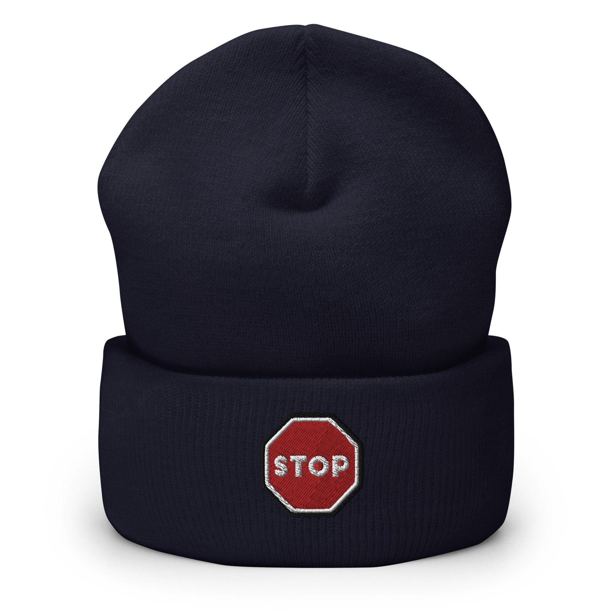 Stop Sign Embroidered Beanie, Handmade Cuffed Knit Unisex Slouchy Adult Winter Hat Cap Gift