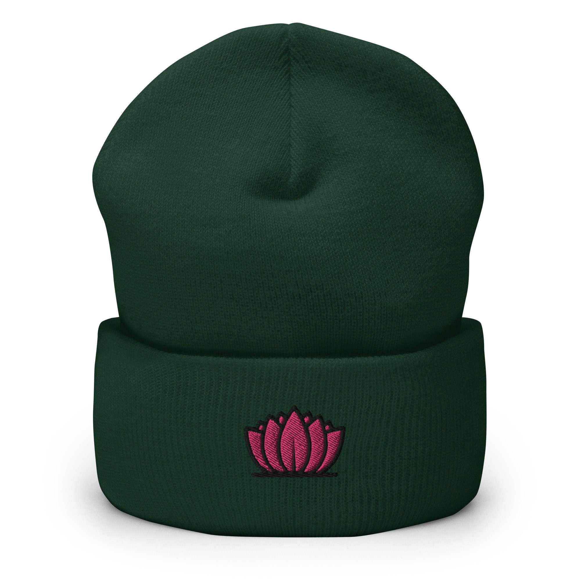 Lotus Flower Embroidered Beanie, Handmade Cuffed Knit Unisex Slouchy Adult Winter Hat Cap Gift