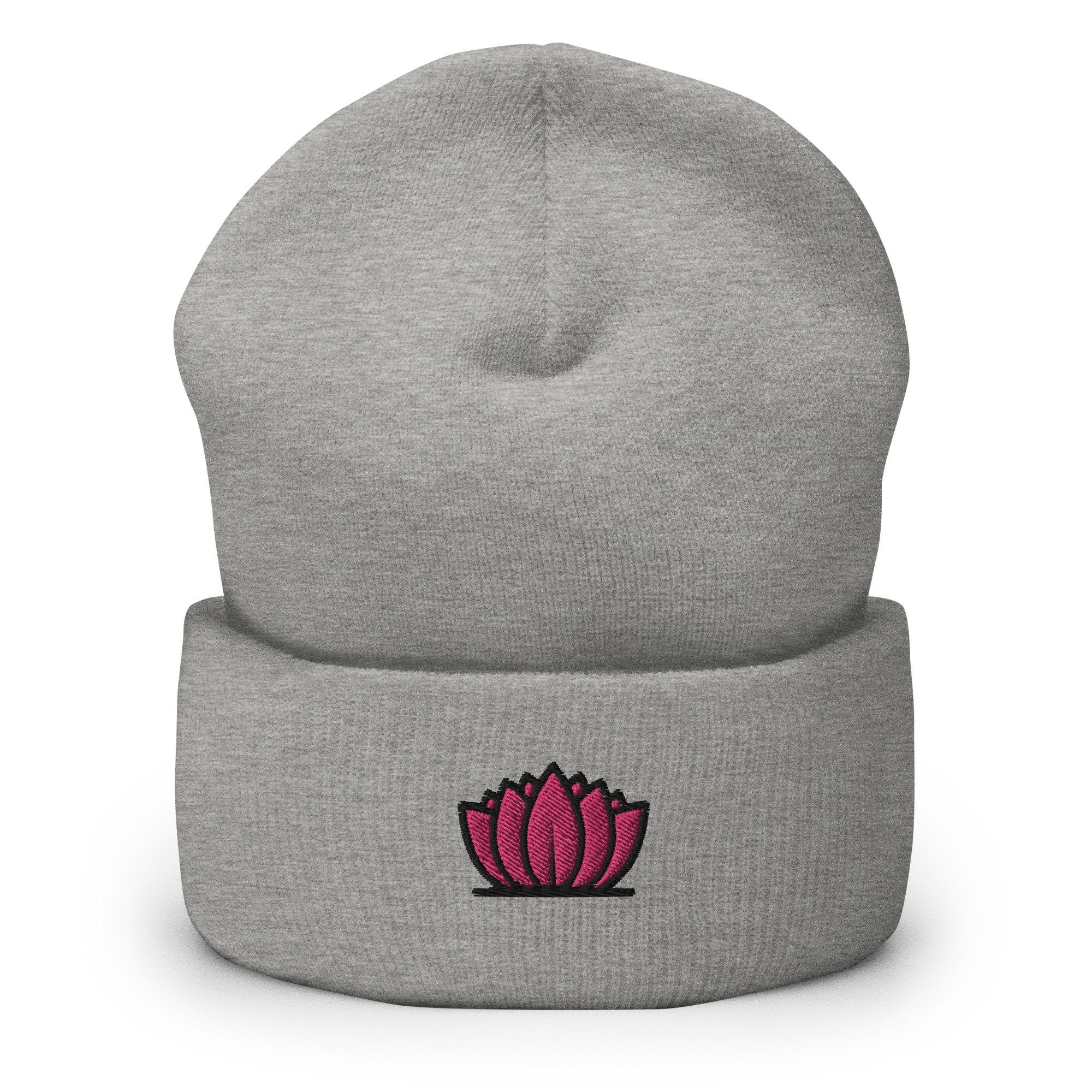 Lotus Flower Embroidered Beanie, Handmade Cuffed Knit Unisex Slouchy Adult Winter Hat Cap Gift