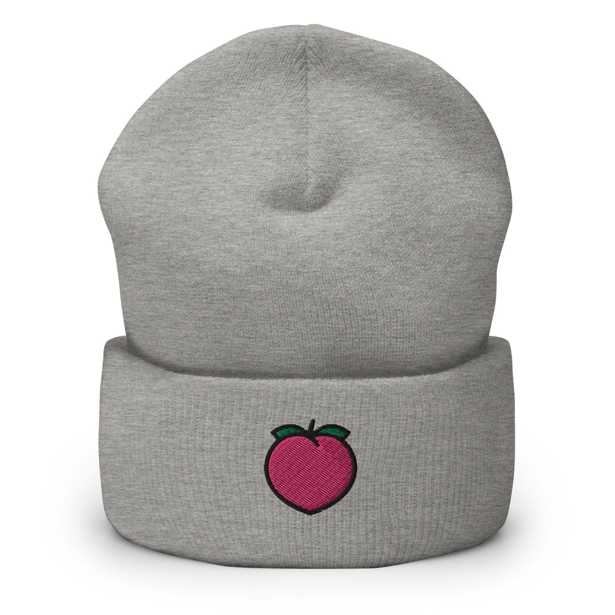 Peach Emoji Icon Embroidered Beanie, Handmade Cuffed Knit Unisex Slouchy Adult Winter Hat Cap Gift