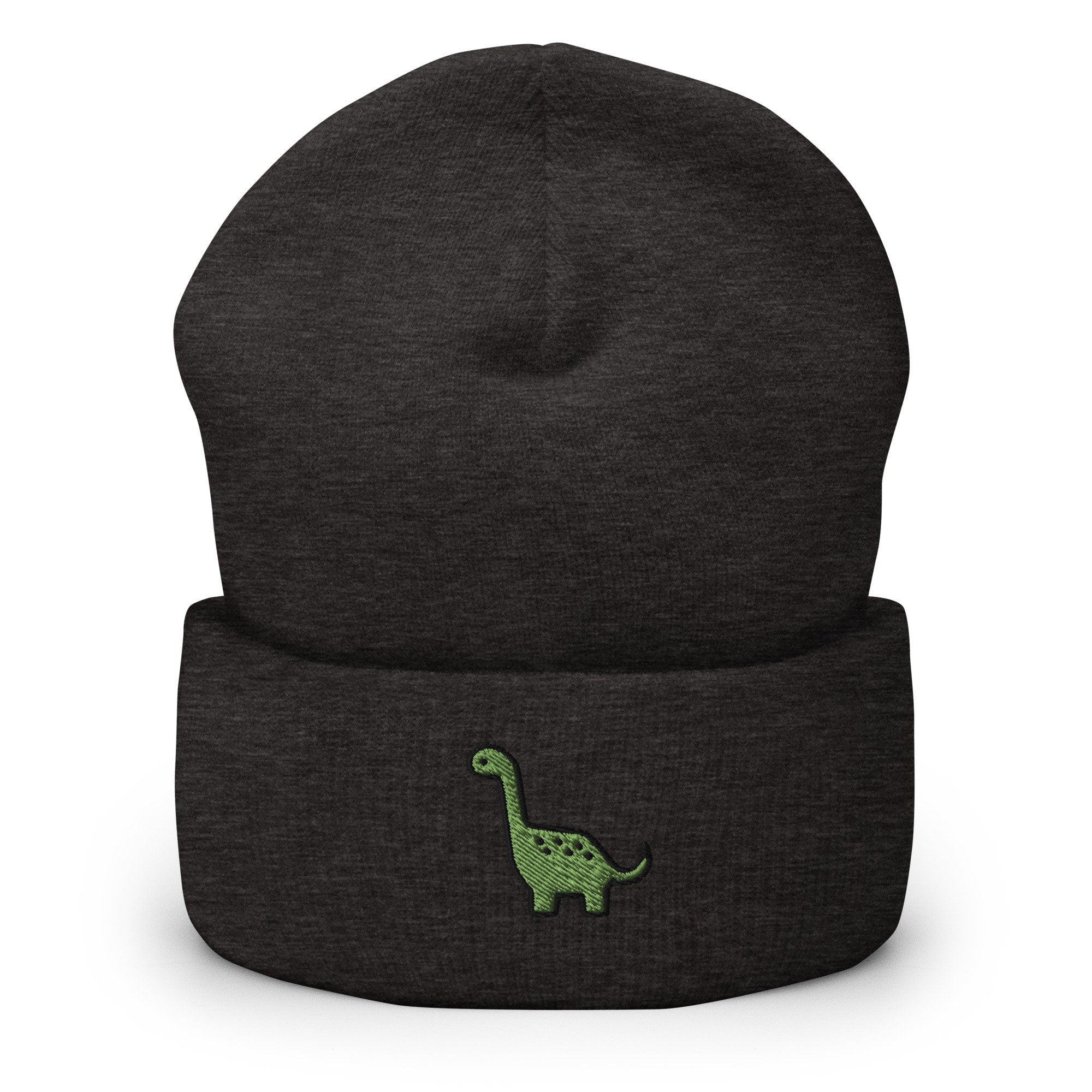 Cute Dinosaur Embroidered Beanie, Handmade Cuffed Knit Unisex Slouchy Adult Winter Hat Cap Gift