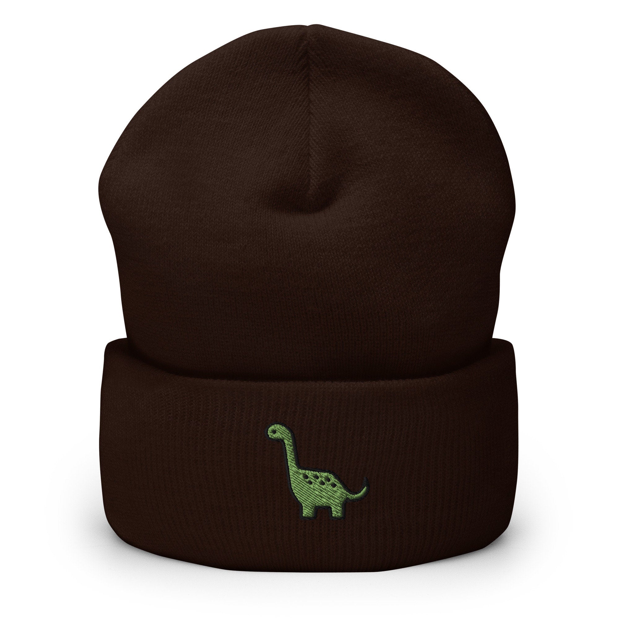 Cute Dinosaur Embroidered Beanie, Handmade Cuffed Knit Unisex Slouchy Adult Winter Hat Cap Gift