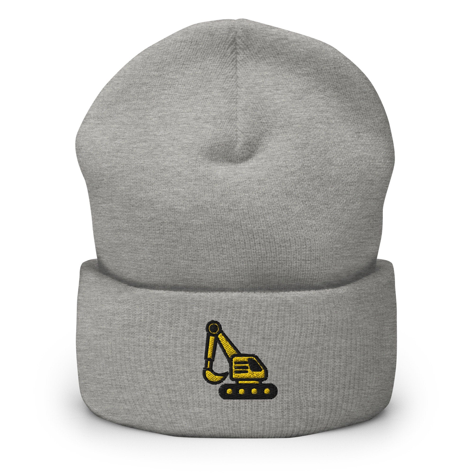 Construction Digger Excavator Embroidered Beanie, Handmade Cuffed Knit Unisex Slouchy Adult Winter Hat Cap Gift