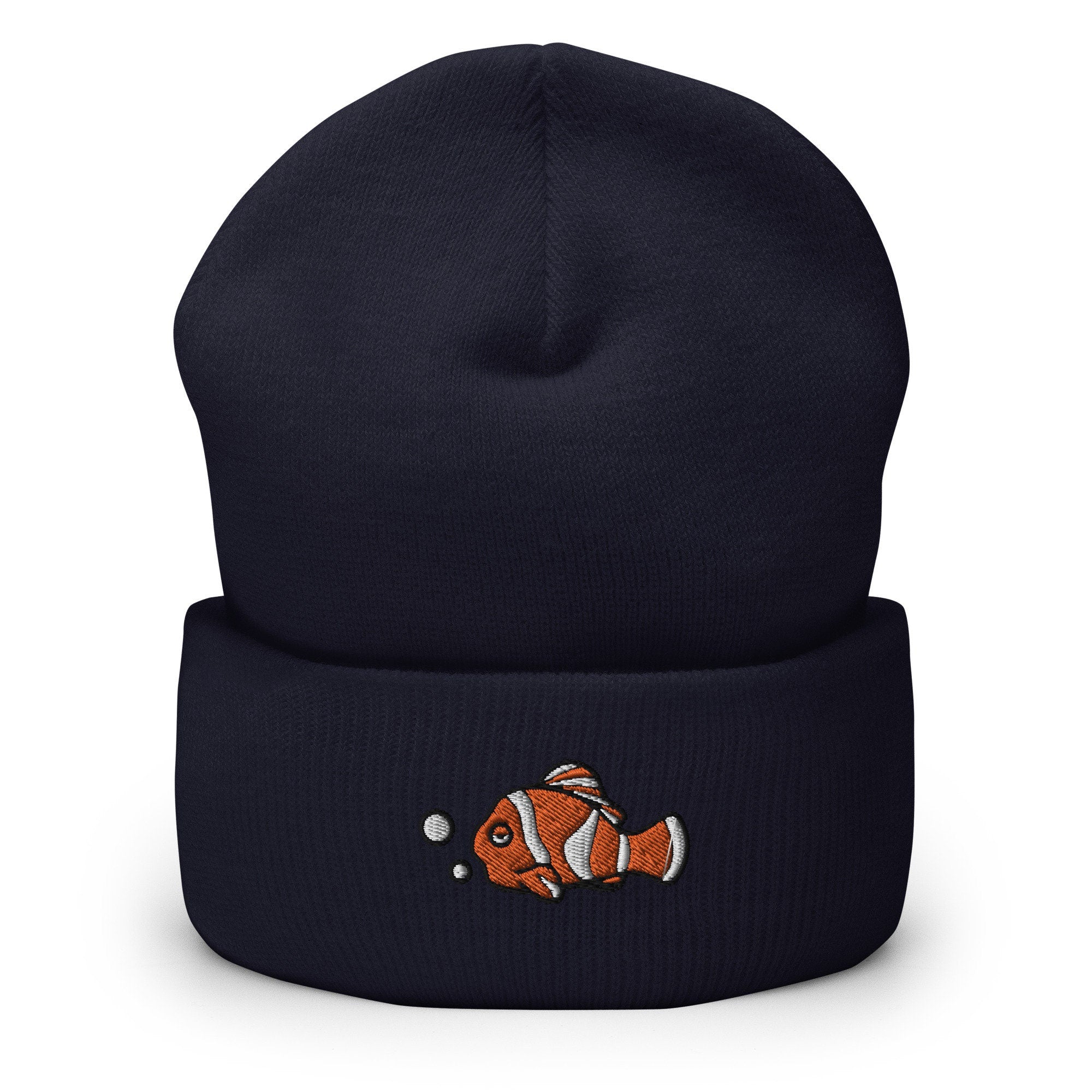 Clown Fish Embroidered Beanie, Handmade Cuffed Knit Unisex Slouchy Adult Winter Hat Cap Gift