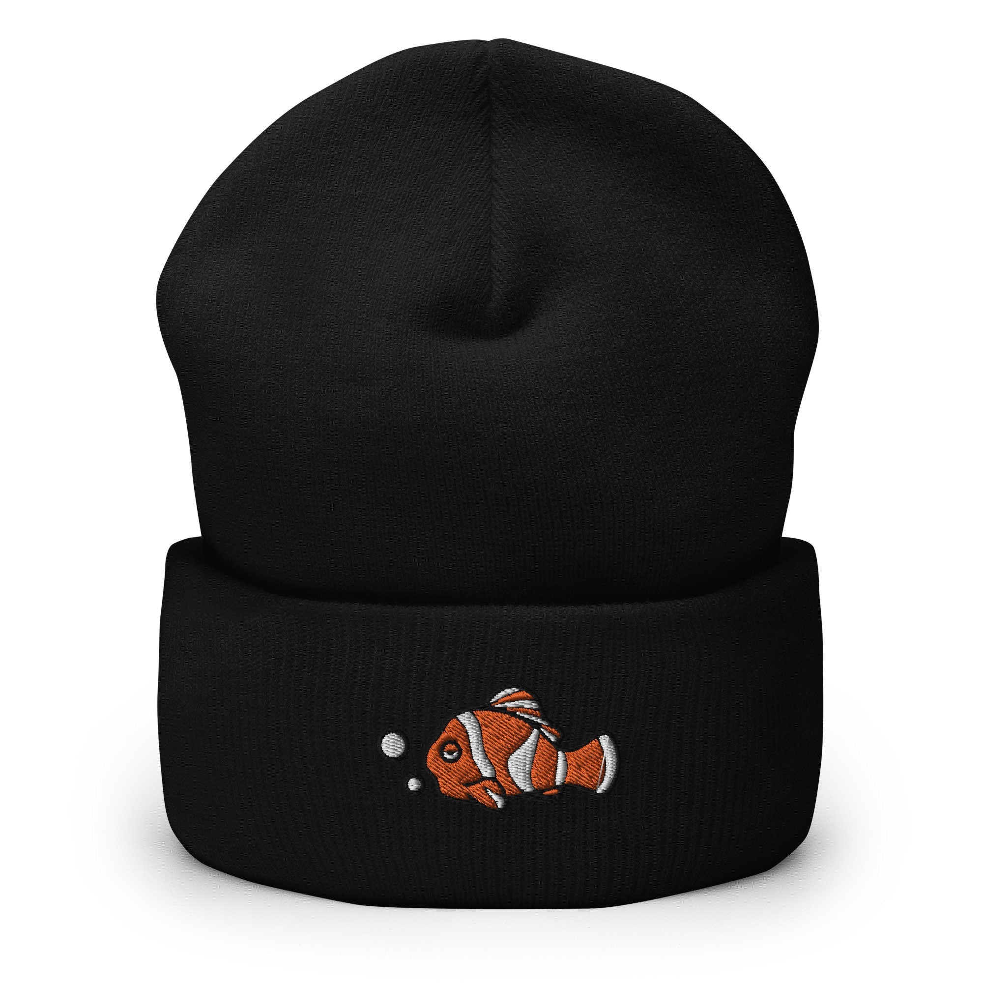 Clown Fish Embroidered Beanie, Handmade Cuffed Knit Unisex Slouchy Adult Winter Hat Cap Gift