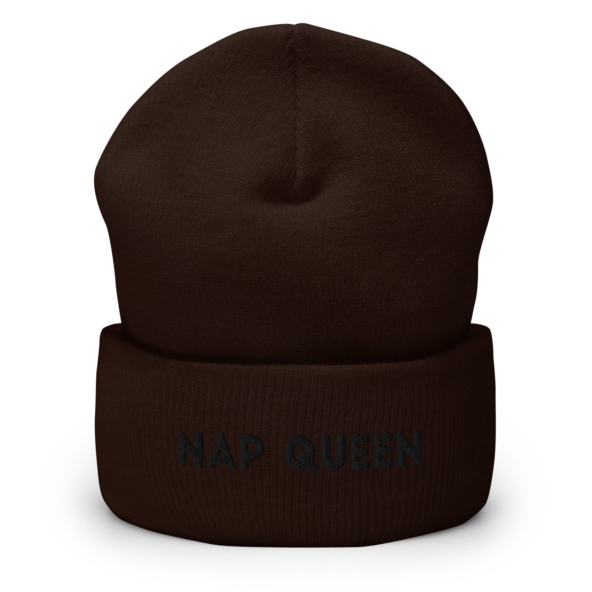 Nap Queen Embroidered Beanie, Handmade Cuffed Knit Unisex Slouchy Adult Winter Hat Cap Gift