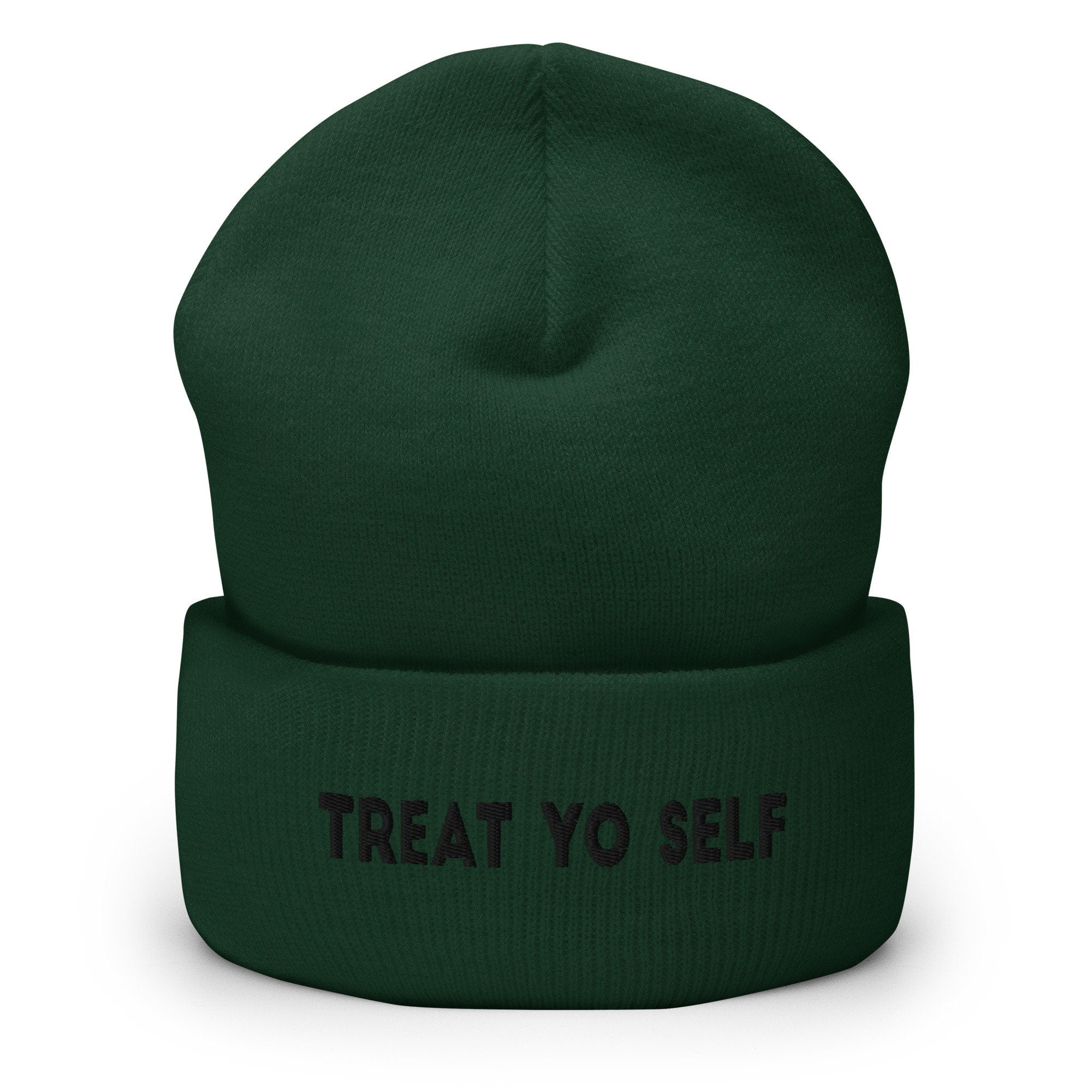 Treat Yo Self Embroidered Beanie, Handmade Cuffed Knit Unisex Slouchy Adult Winter Hat Cap Gift