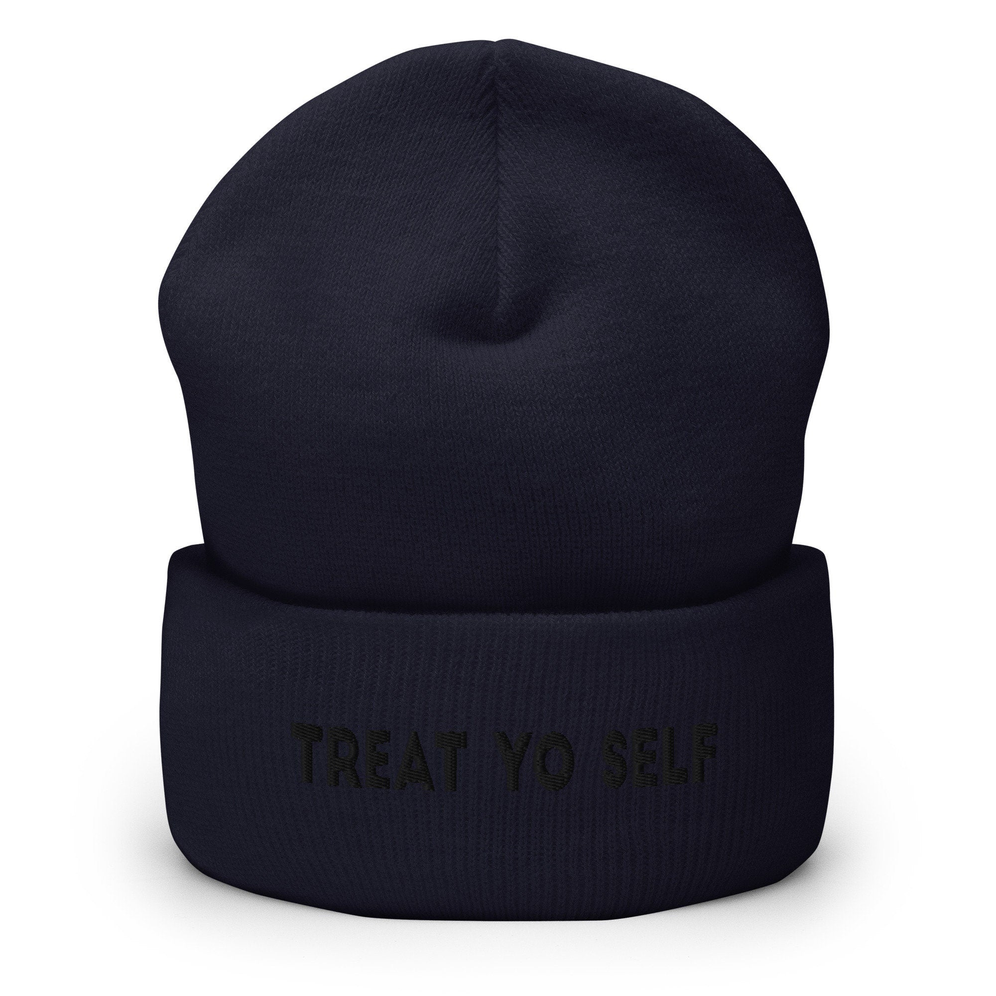 Treat Yo Self Embroidered Beanie, Handmade Cuffed Knit Unisex Slouchy Adult Winter Hat Cap Gift