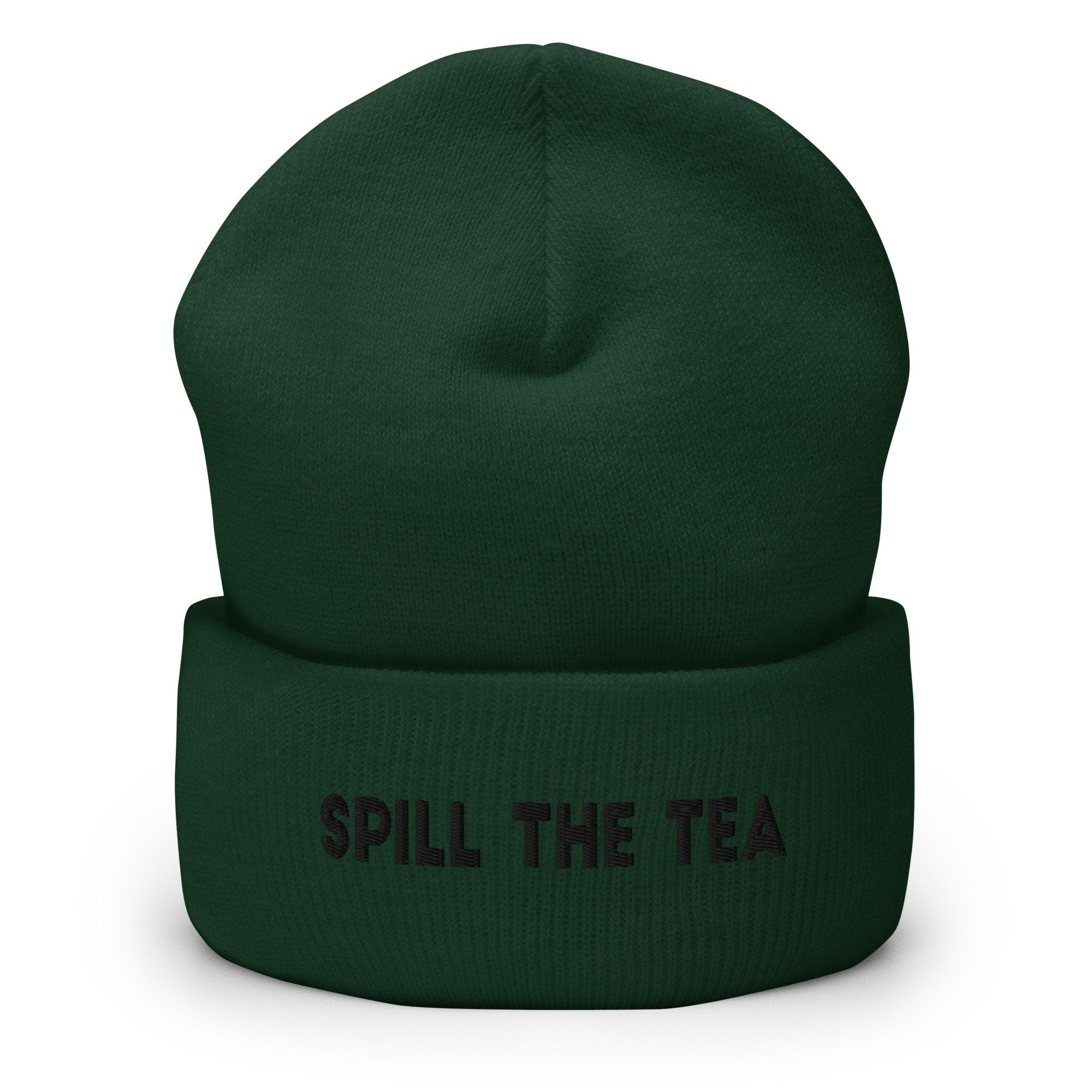 Spill The Tea Embroidered Beanie, Handmade Cuffed Knit Unisex Slouchy Adult Winter Hat Cap Gift