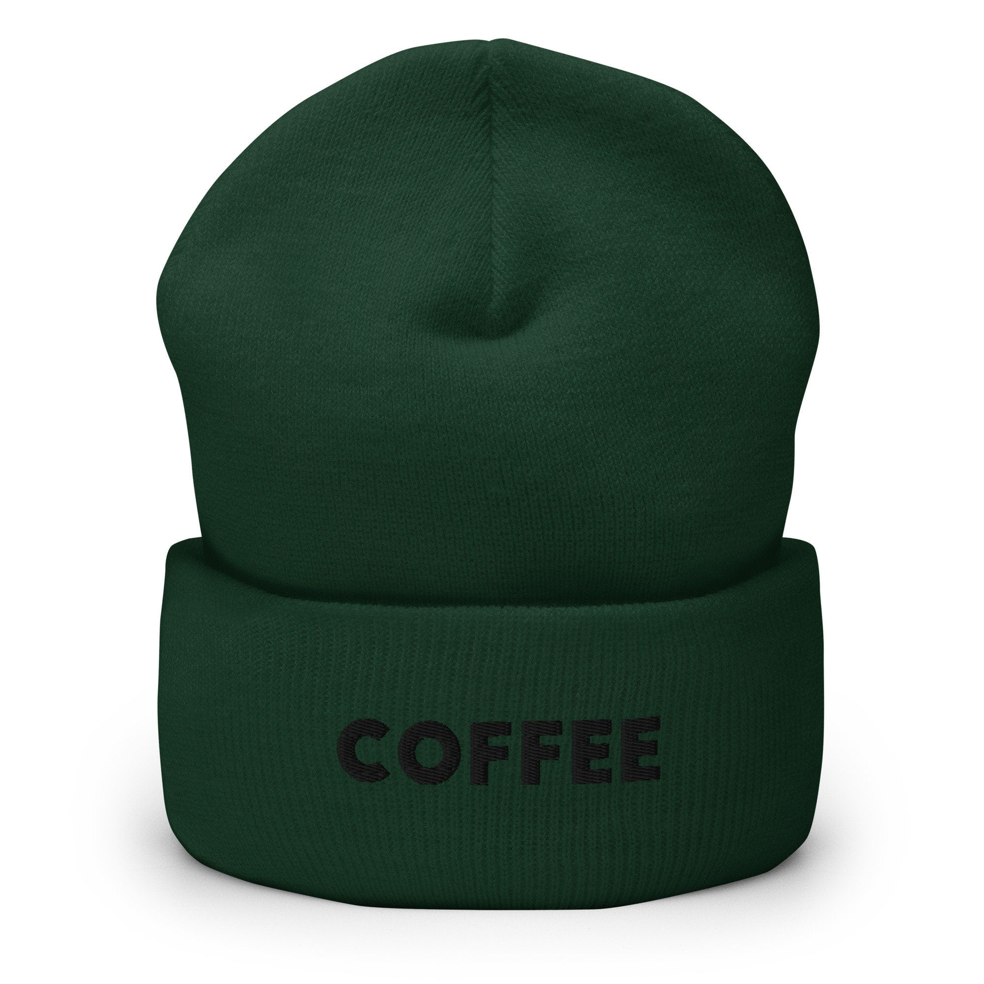 Coffee Text Embroidered Beanie, Handmade Cuffed Knit Unisex Slouchy Adult Winter Hat Cap Gift