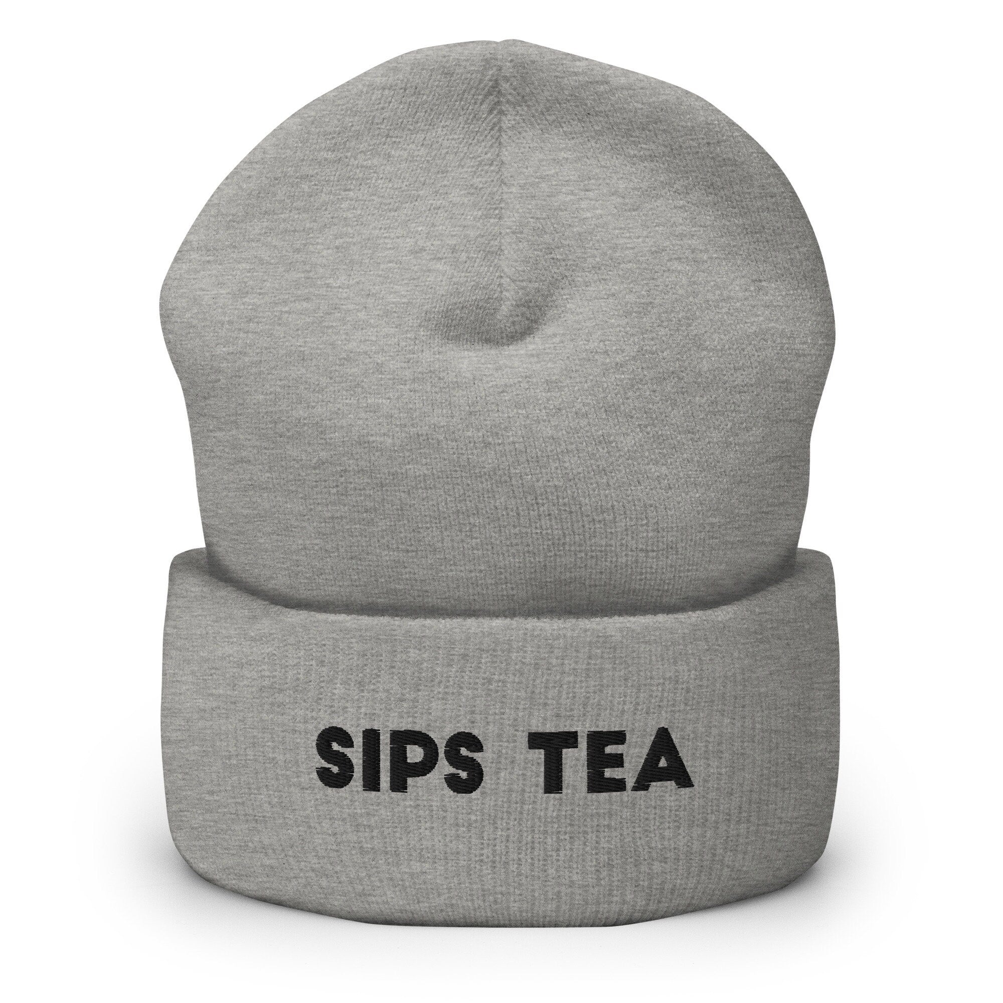 Sips Tea Embroidered Beanie, Handmade Cuffed Knit Unisex Slouchy Adult Winter Hat Cap Gift