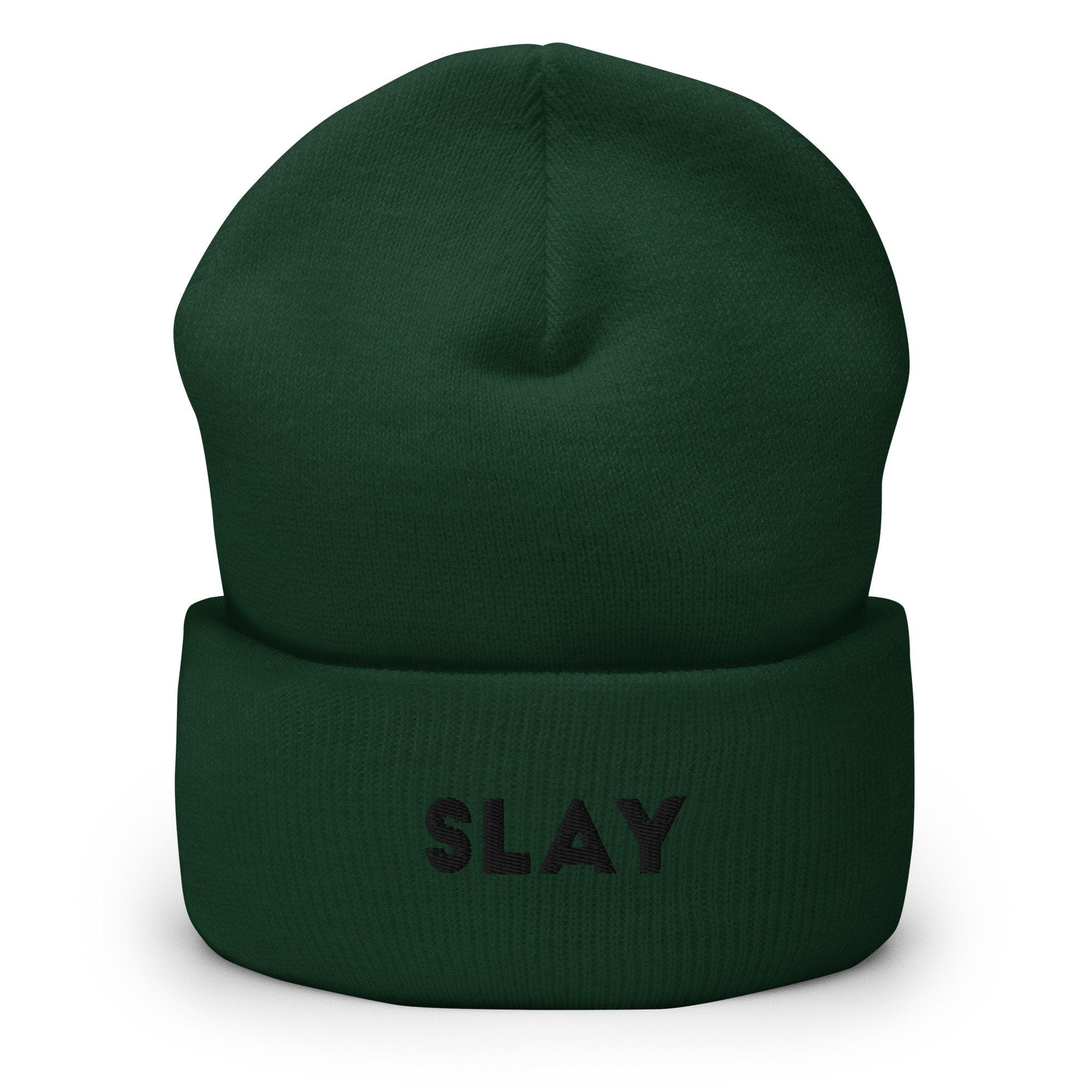 Slay Embroidered Beanie, Handmade Cuffed Knit Unisex Slouchy Adult Winter Hat Cap Gift