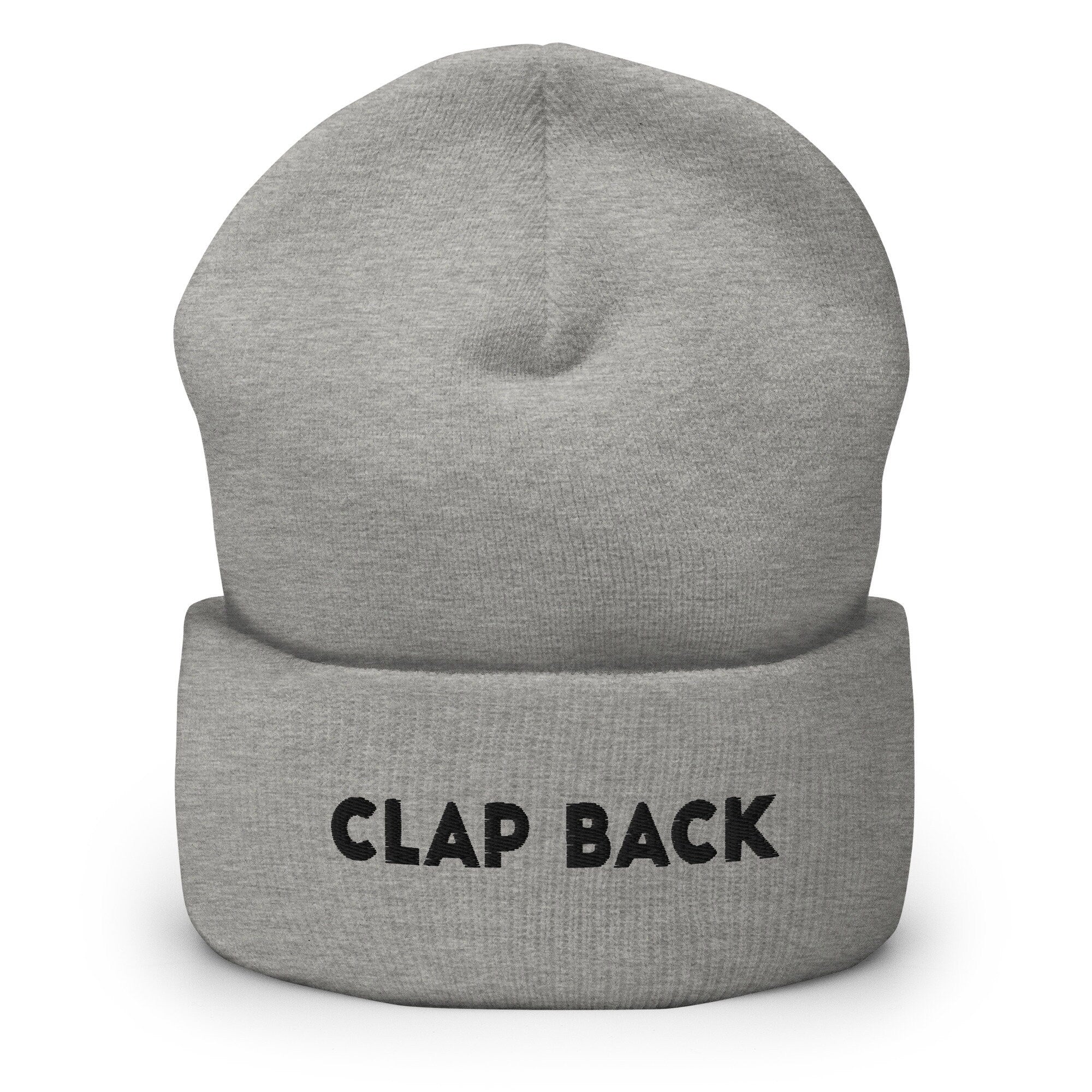 Clap Back Embroidered Beanie, Handmade Cuffed Knit Unisex Slouchy Adult Winter Hat Cap Gift