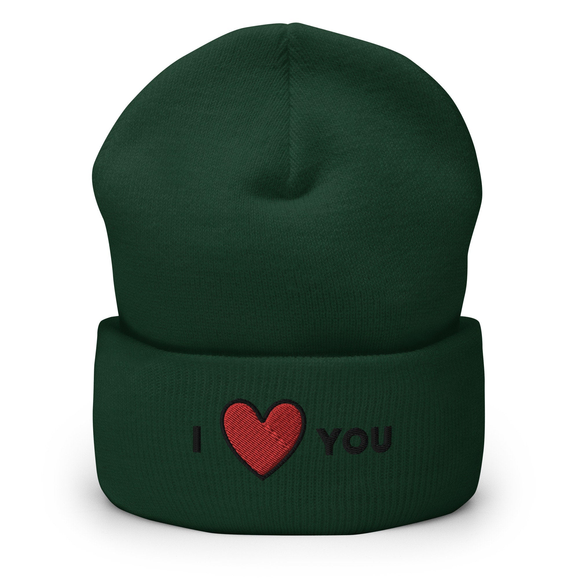 I Heart You Embroidered Beanie, Handmade Cuffed Knit Unisex Slouchy Adult Winter Hat Cap Gift