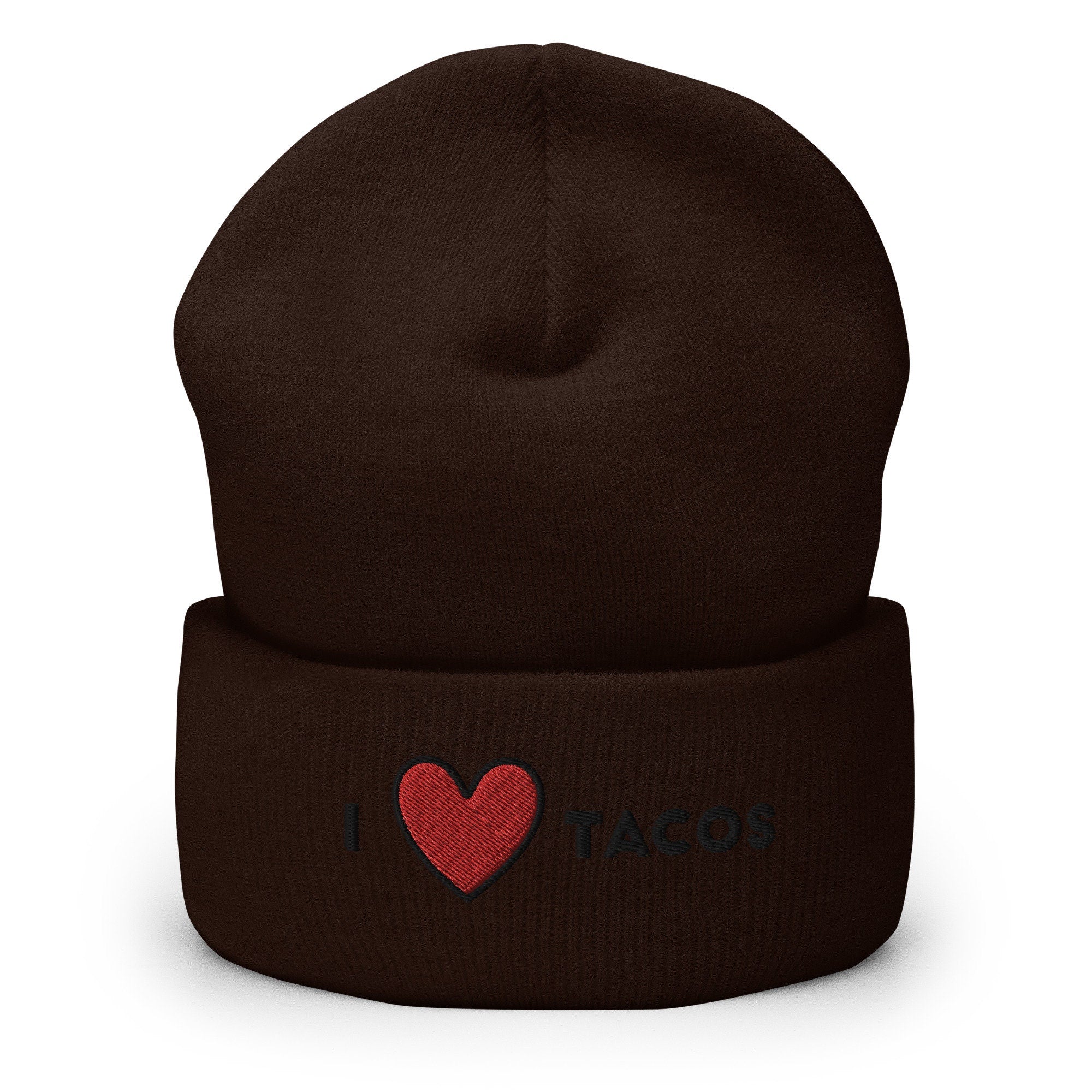 I Heart Tacos Embroidered Beanie, Handmade Cuffed Knit Unisex Slouchy Adult Winter Hat Cap Gift