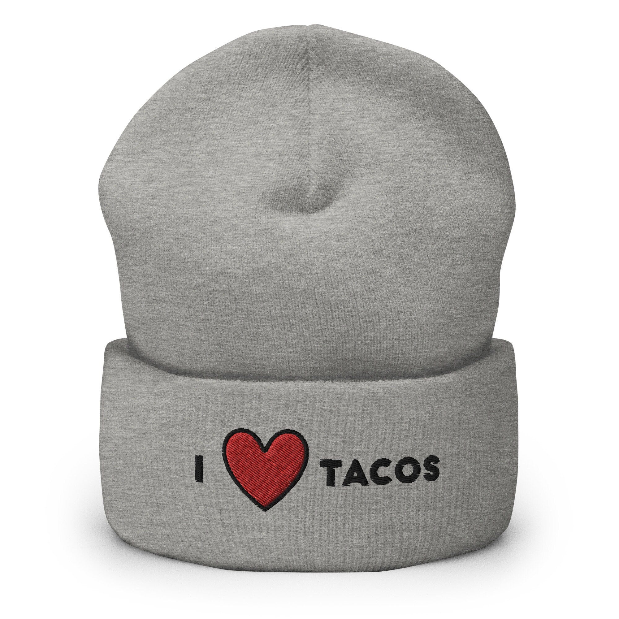 I Heart Tacos Embroidered Beanie, Handmade Cuffed Knit Unisex Slouchy Adult Winter Hat Cap Gift