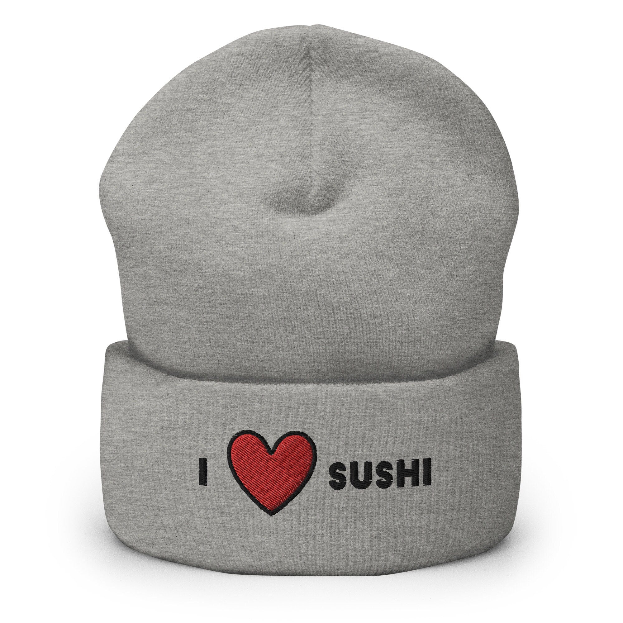 I Heart Sushi Embroidered Beanie, Handmade Cuffed Knit Unisex Slouchy Adult Winter Hat Cap Gift