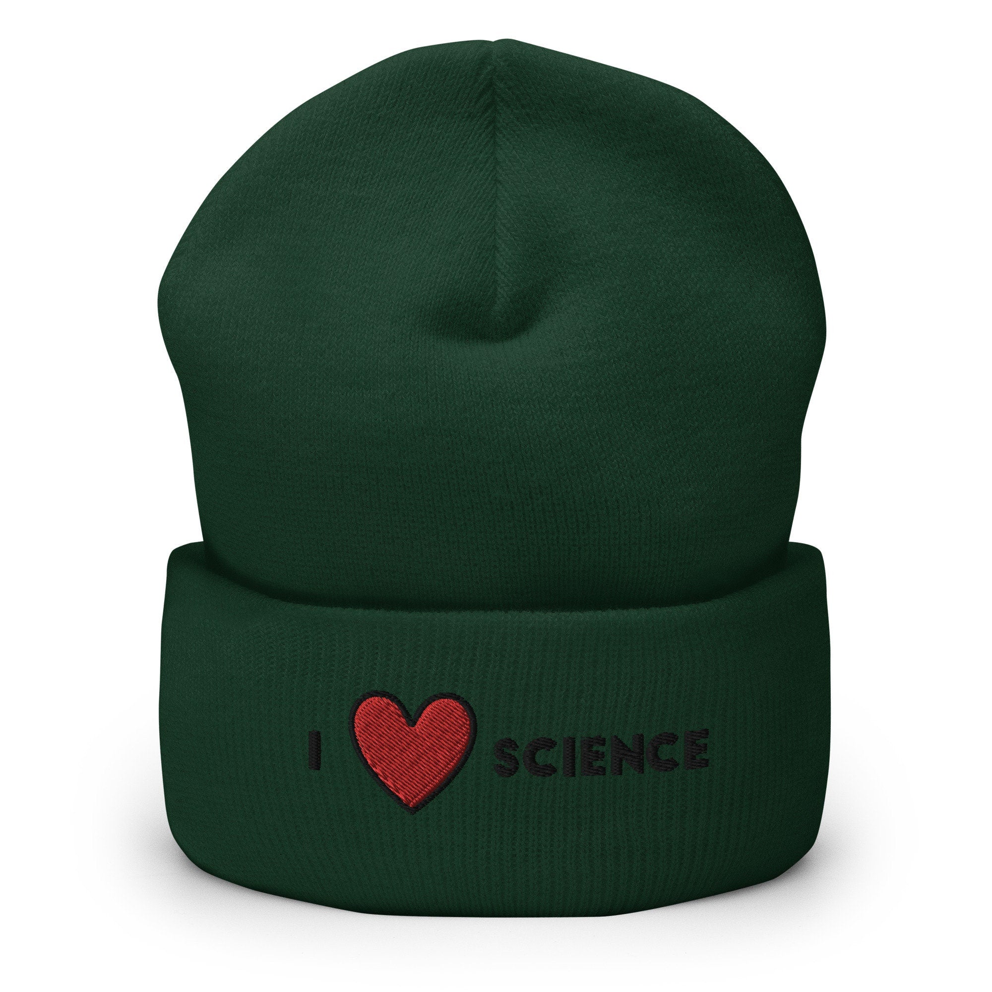 I Heart Science Embroidered Beanie, Handmade Cuffed Knit Unisex Slouchy Adult Winter Hat Cap Gift