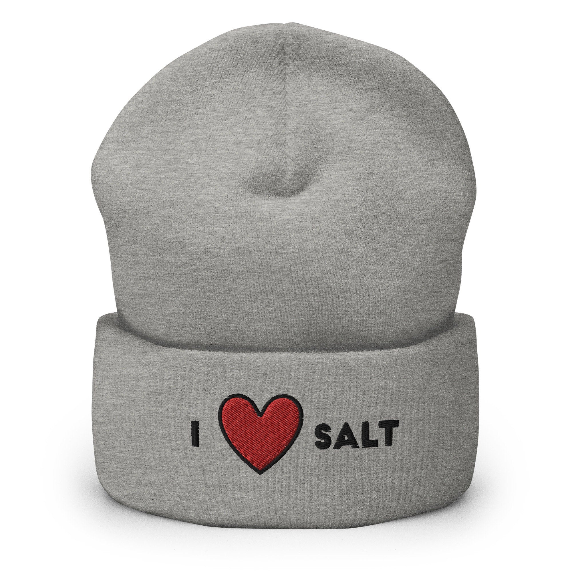 I Heart Salt Embroidered Beanie, Handmade Cuffed Knit Unisex Slouchy Adult Winter Hat Cap Gift